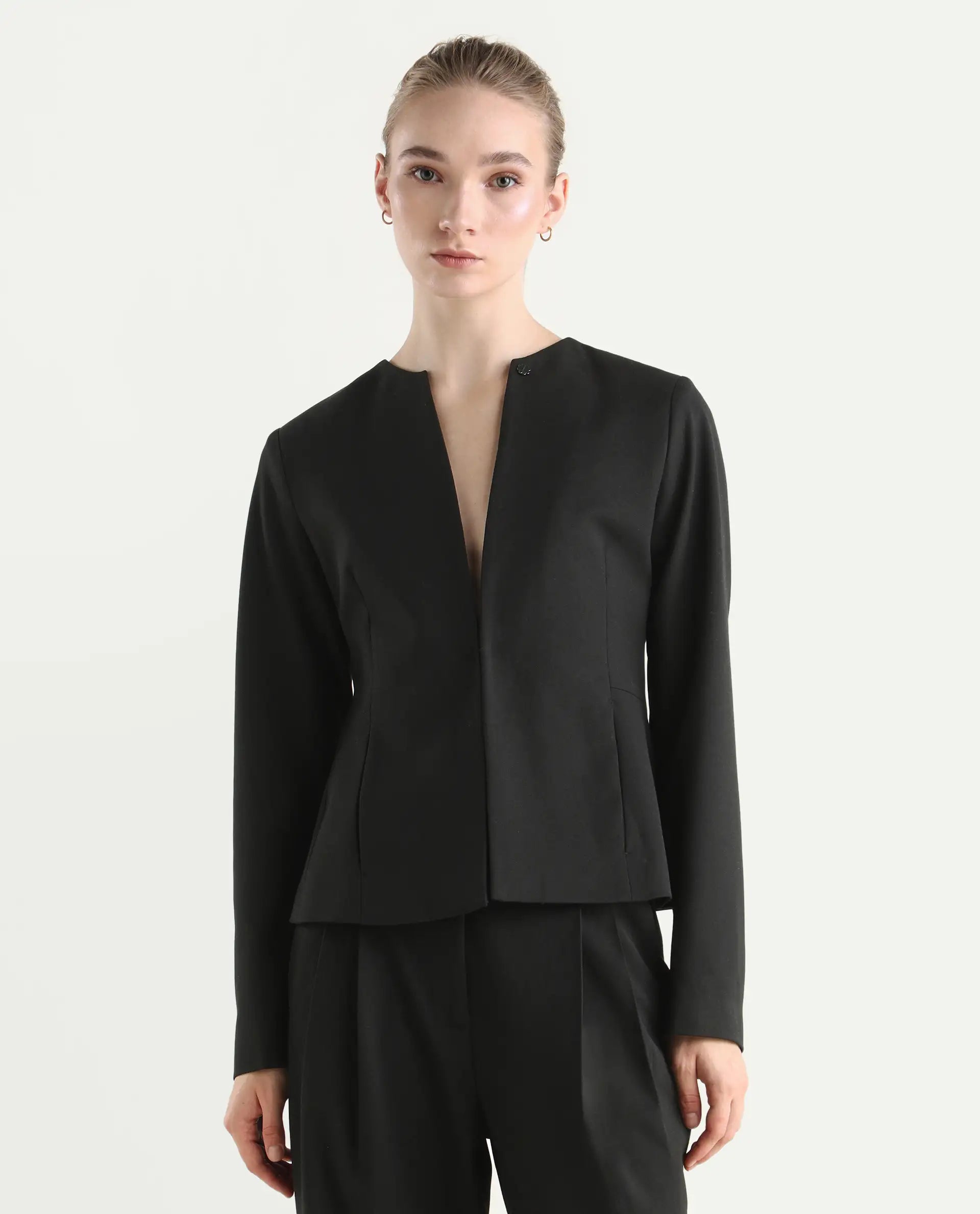 Rareism Women's Allenso Black Polyester Blend Full Sleeve Plain Blazer
