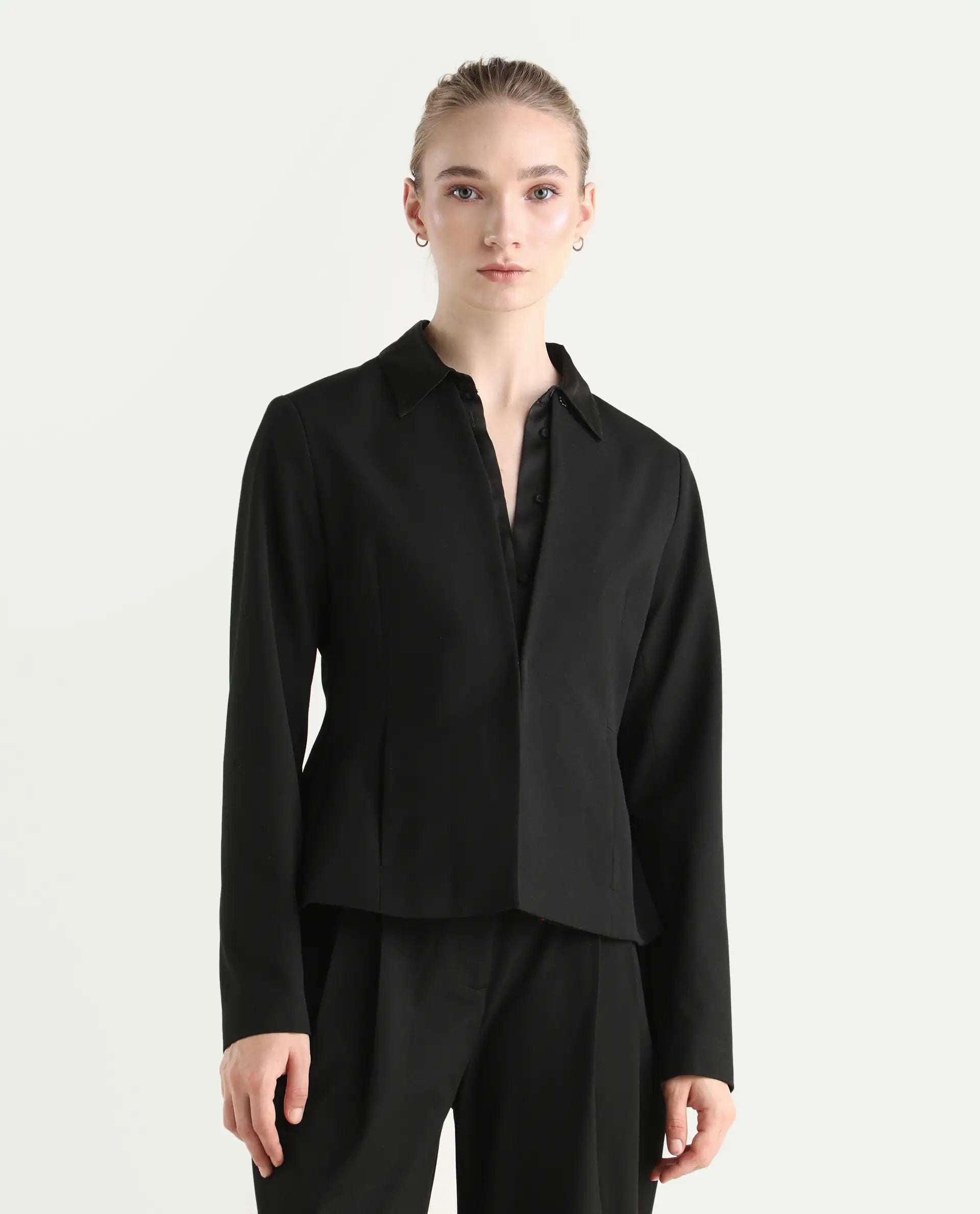 Rareism Women's Allenso Black Polyester Blend Full Sleeve Plain Blazer