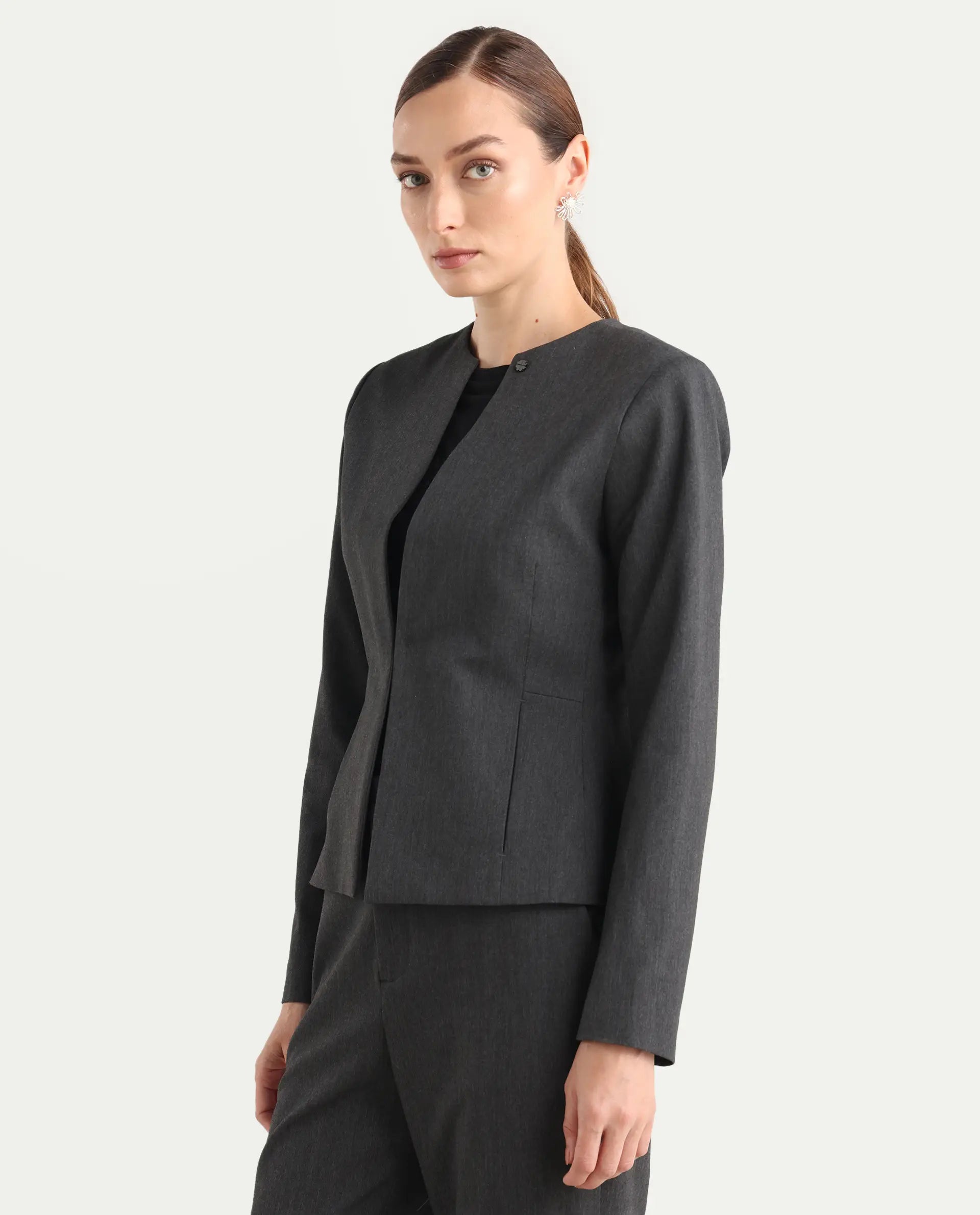 Rareism Women's Allenso Grey Polyester Blend Full Sleeve Plain Blazer