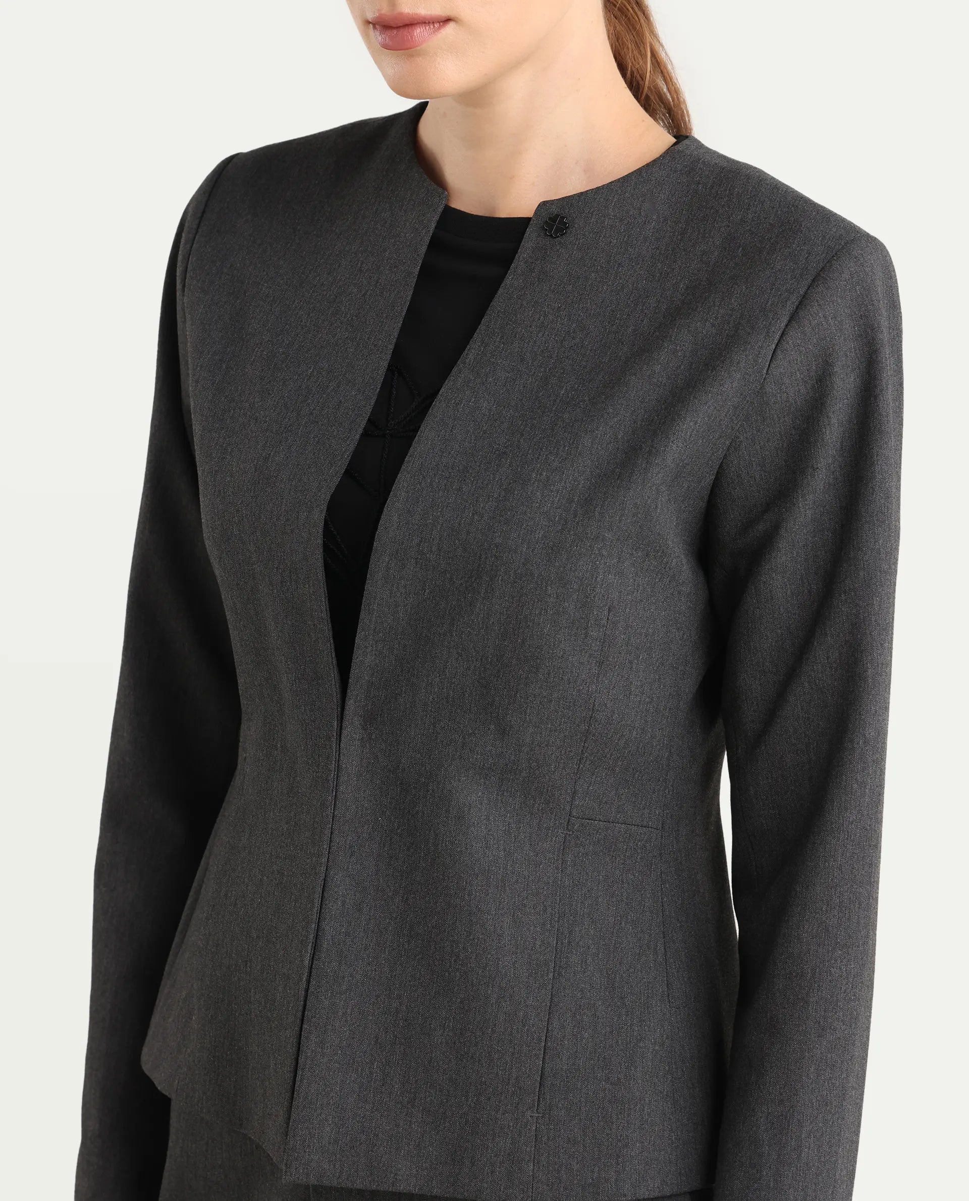 Rareism Women's Allenso Grey Polyester Blend Full Sleeve Plain Blazer