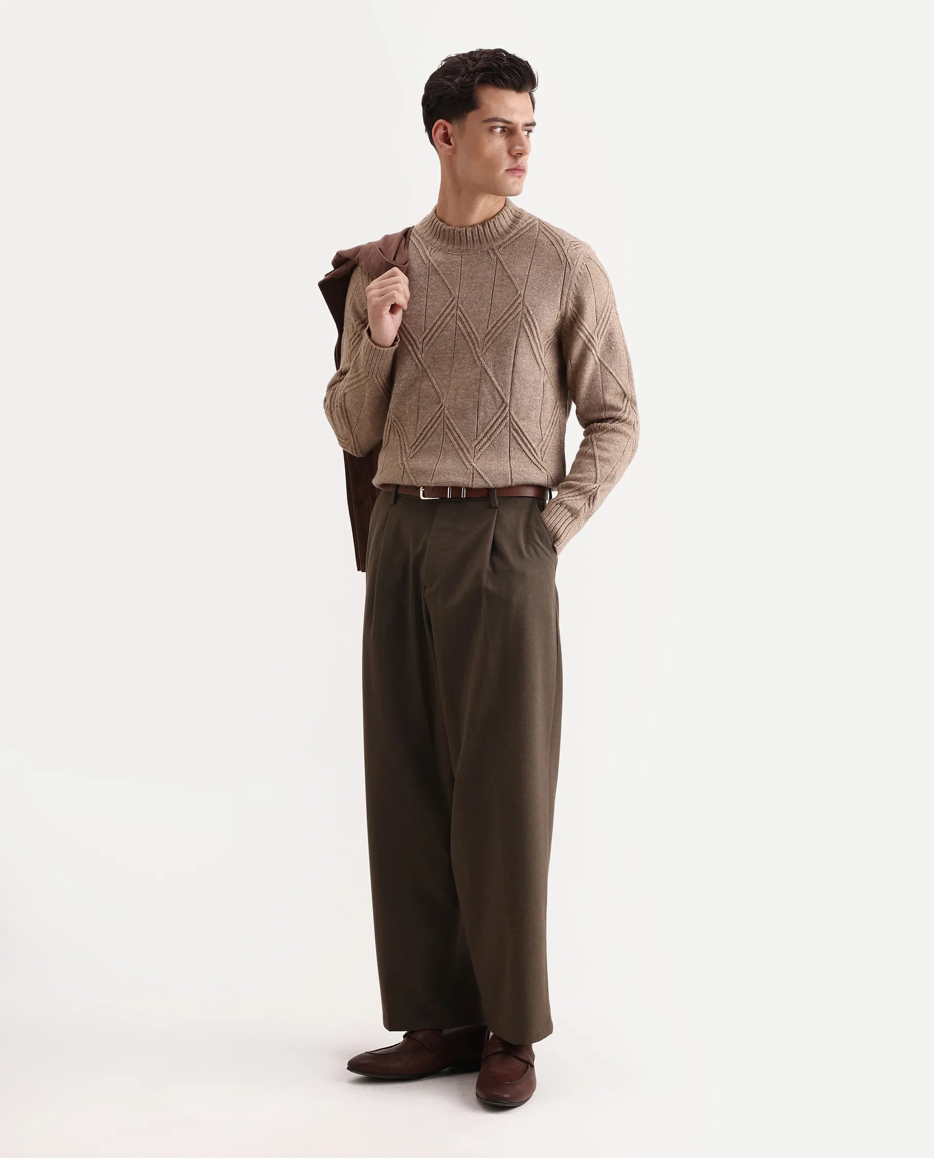 Rare Rabbit Men's Alli Dark Beige Polyester Plain Regular Fit Full Sleeve High Neck Sweater