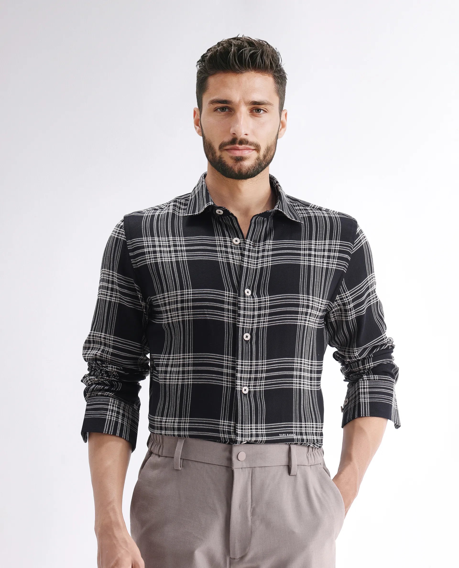 Rare Rabbit Men's Alls Black Cotton Checked Print Regular Fit Full Sleeve Collared Shirt