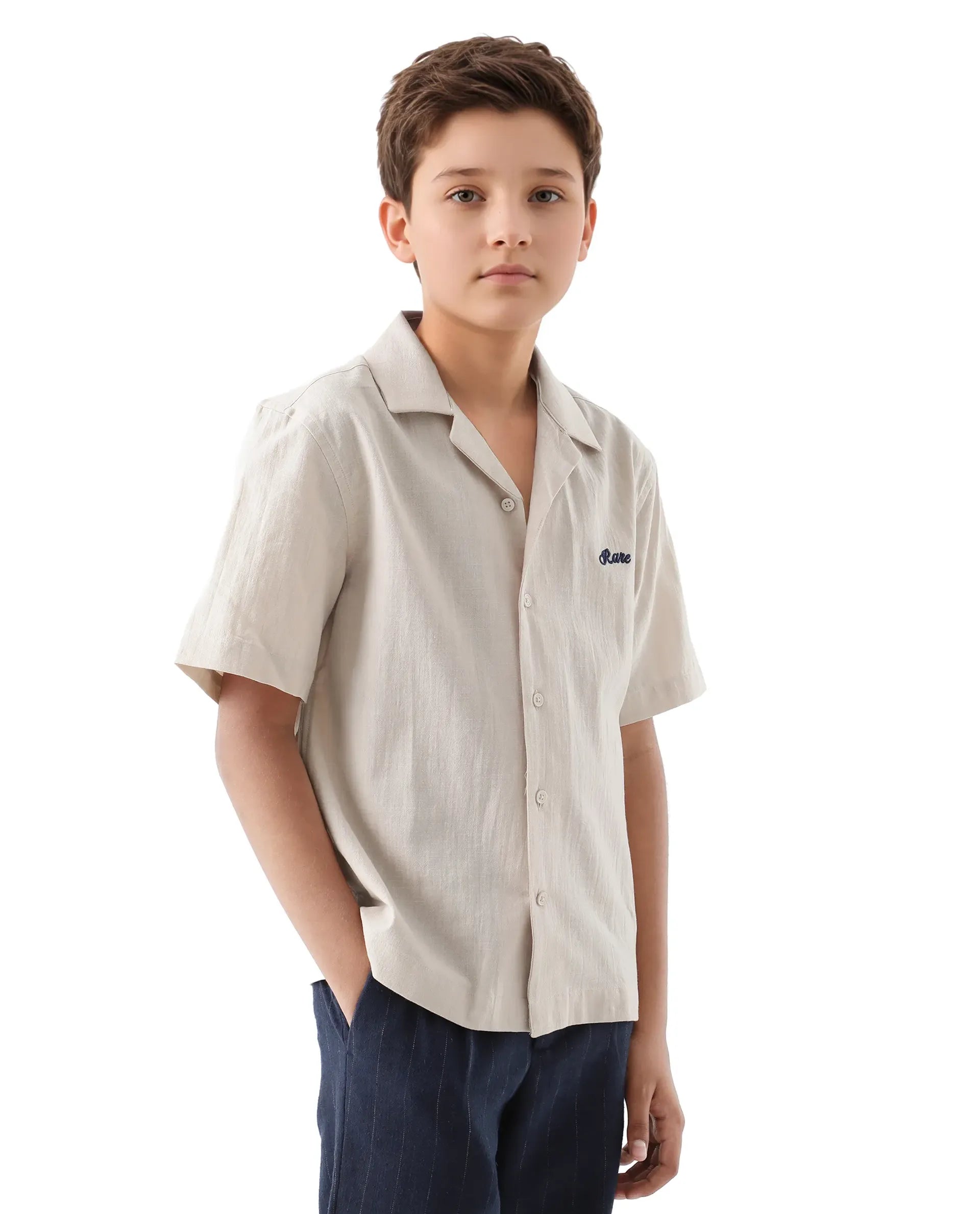 Rare Ones Kids Alma Beige Cotton Half Sleeve Button Solid Regular Fit Shirt