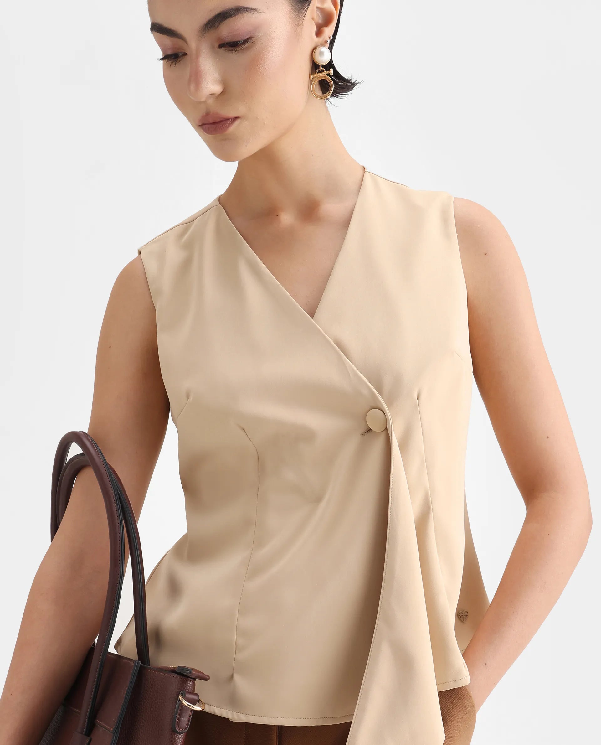 Rareism Women's Alnam Beige Satin Overlap Neck Dyed Sleeveless Regular Fit Top