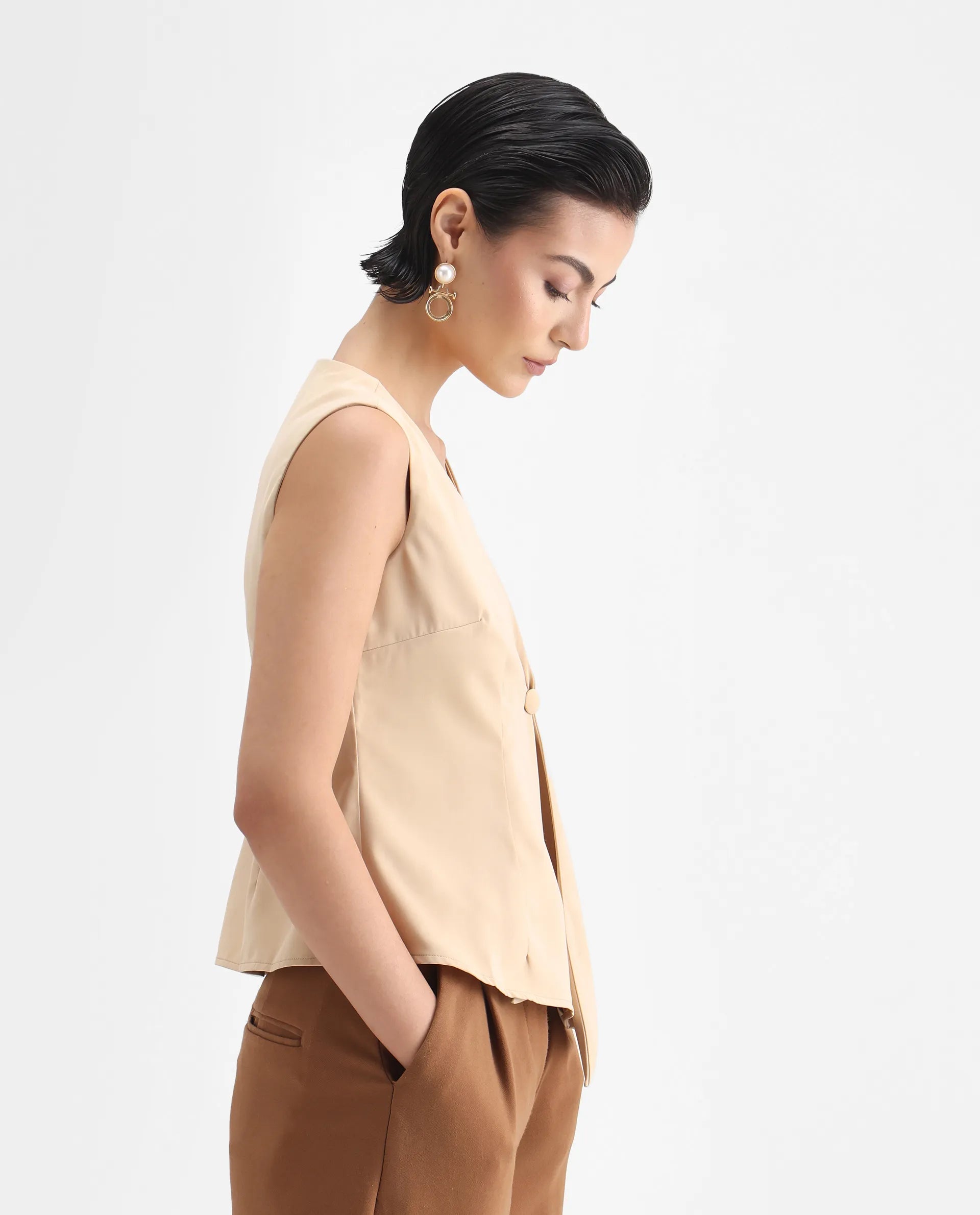 Rareism Women's Alnam Beige Satin Overlap Neck Dyed Sleeveless Regular Fit Top