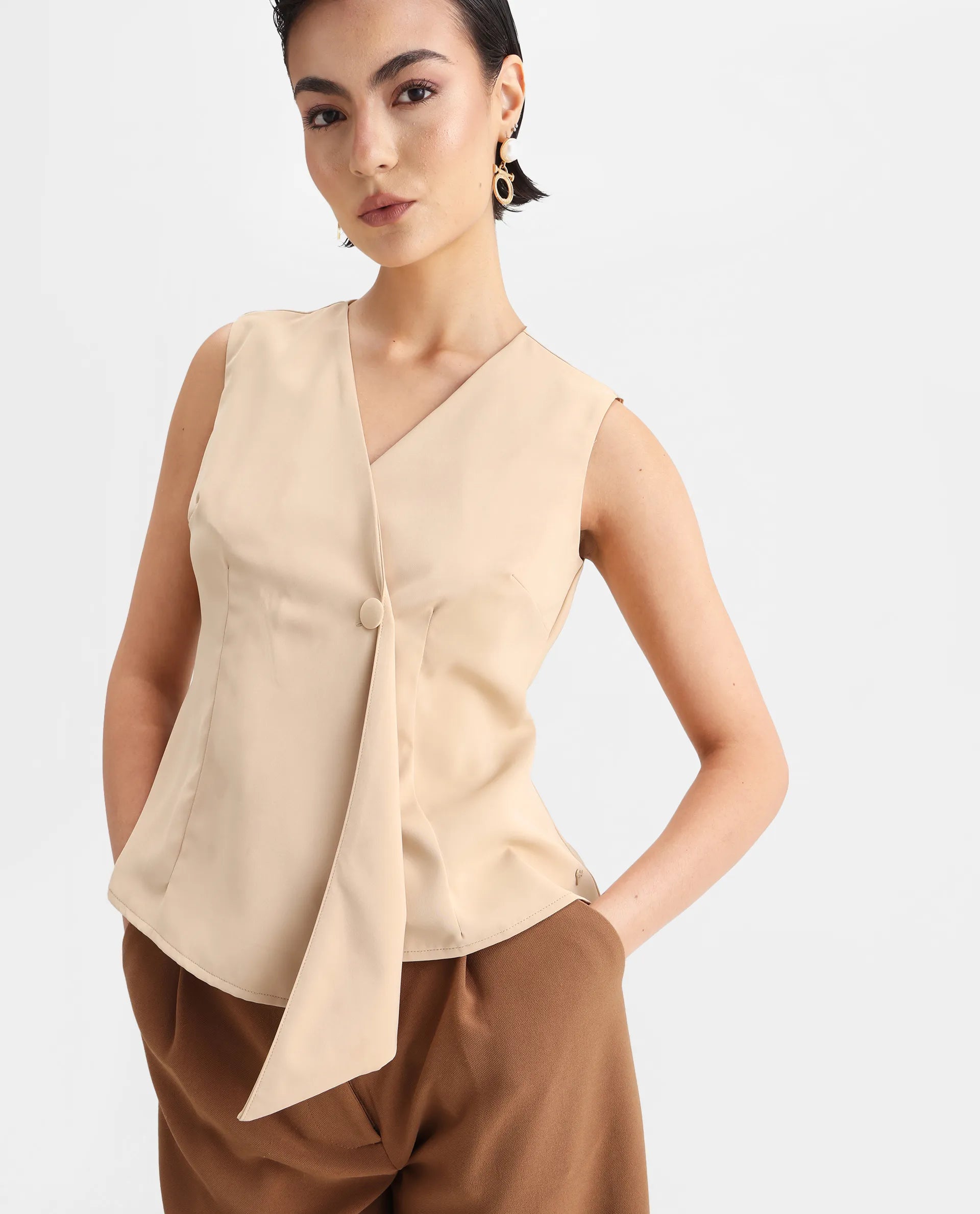 Rareism Women's Alnam Beige Satin Overlap Neck Dyed Sleeveless Regular Fit Top