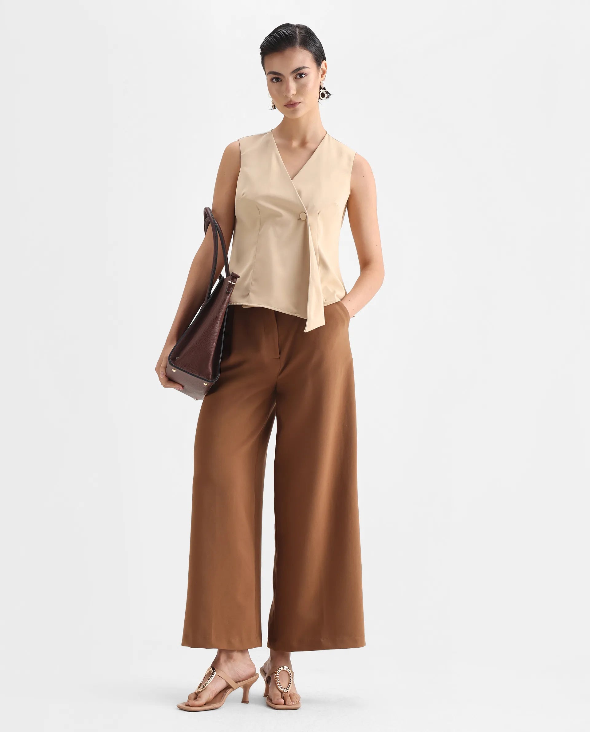 Rareism Women's Alnam Beige Satin Overlap Neck Dyed Sleeveless Regular Fit Top