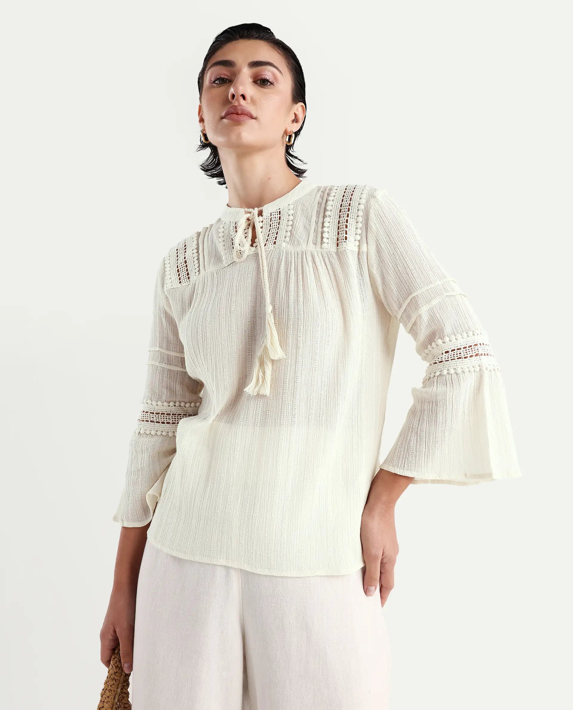 Rareism Women's Alonzo Light Beige Cotton Mandarin Collar Plain Regular Fit Top