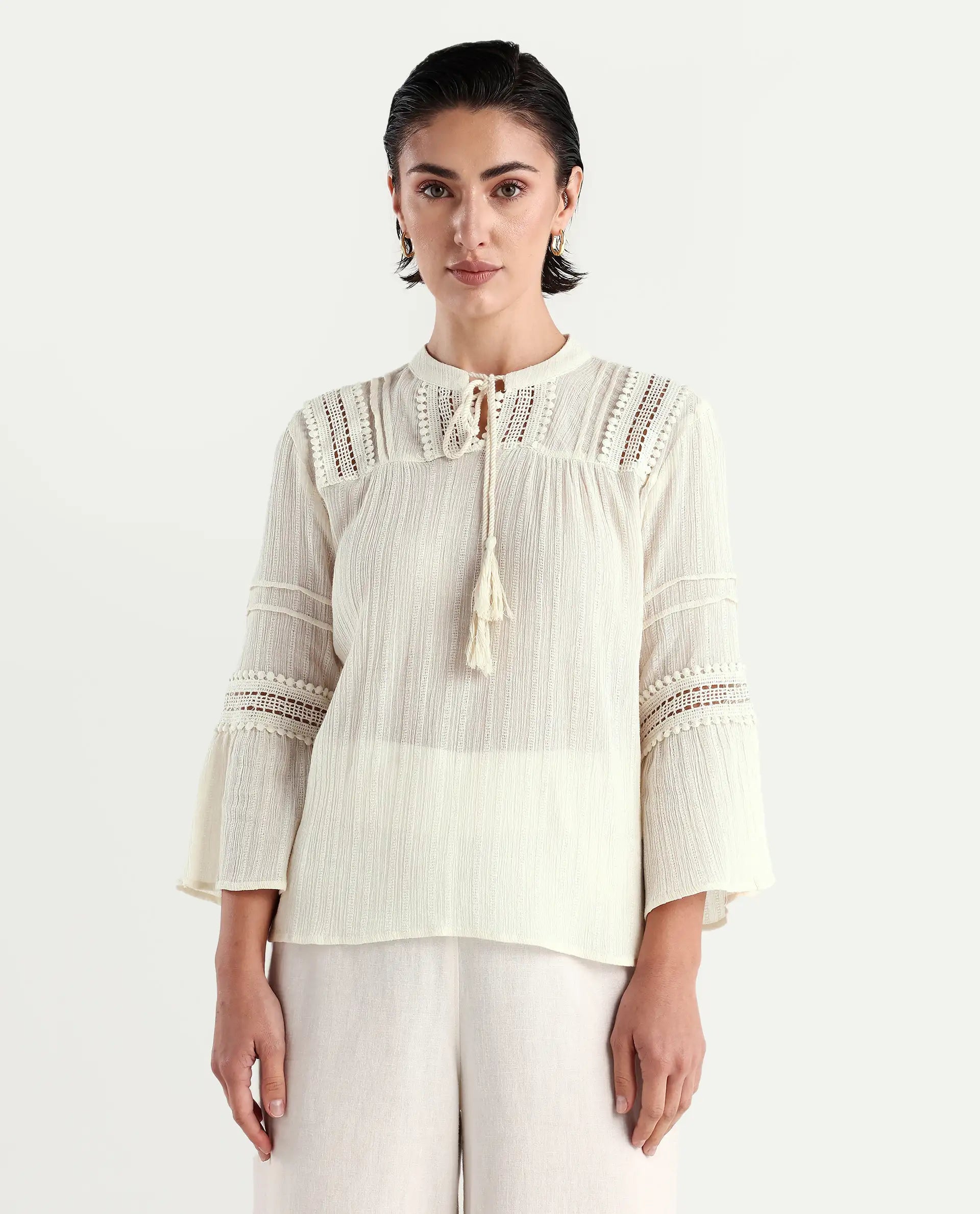 Rareism Women's Alonzo Light Beige Cotton Mandarin Collar Plain Regular Fit Top