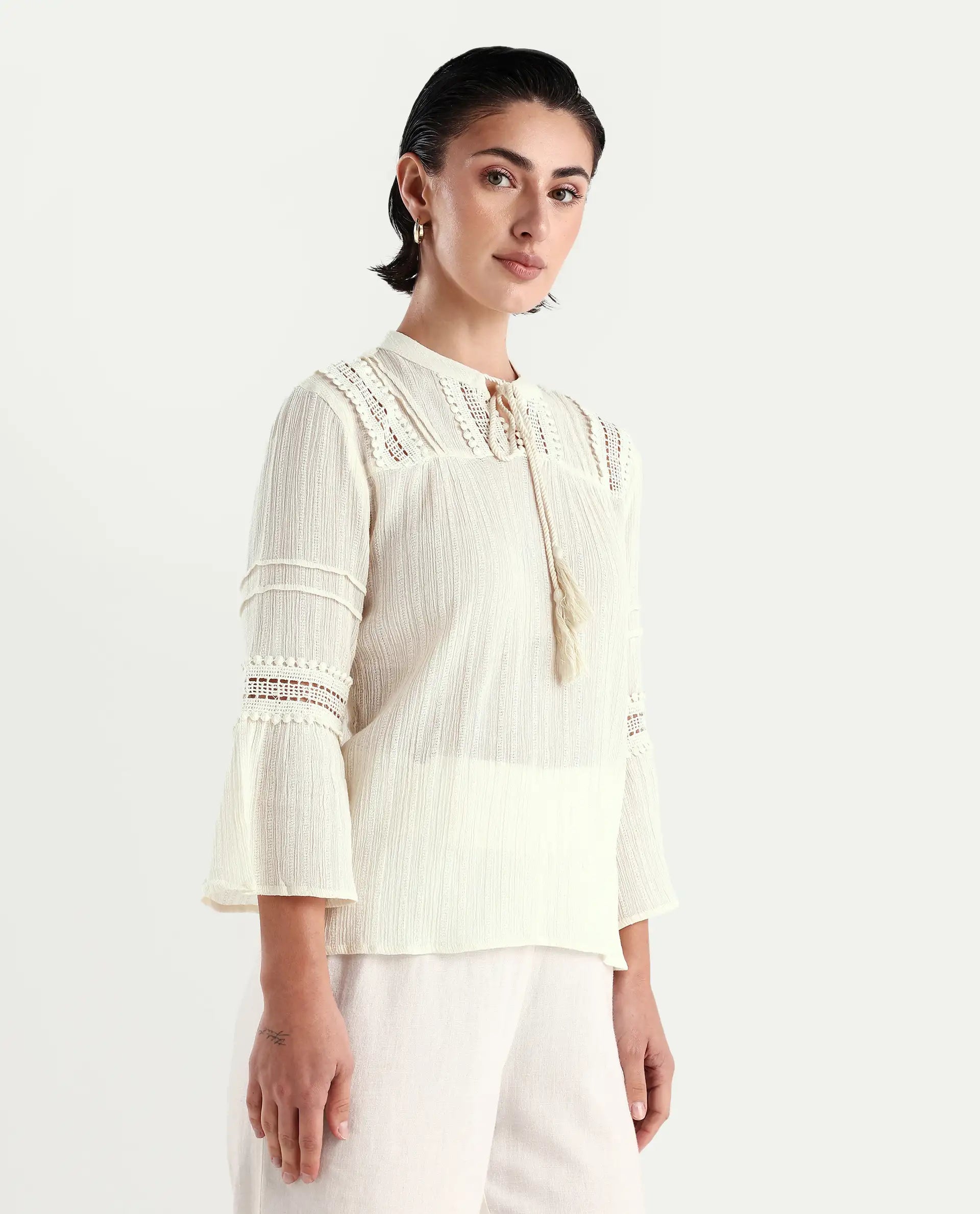 Rareism Women's Alonzo Light Beige Cotton Mandarin Collar Plain Regular Fit Top