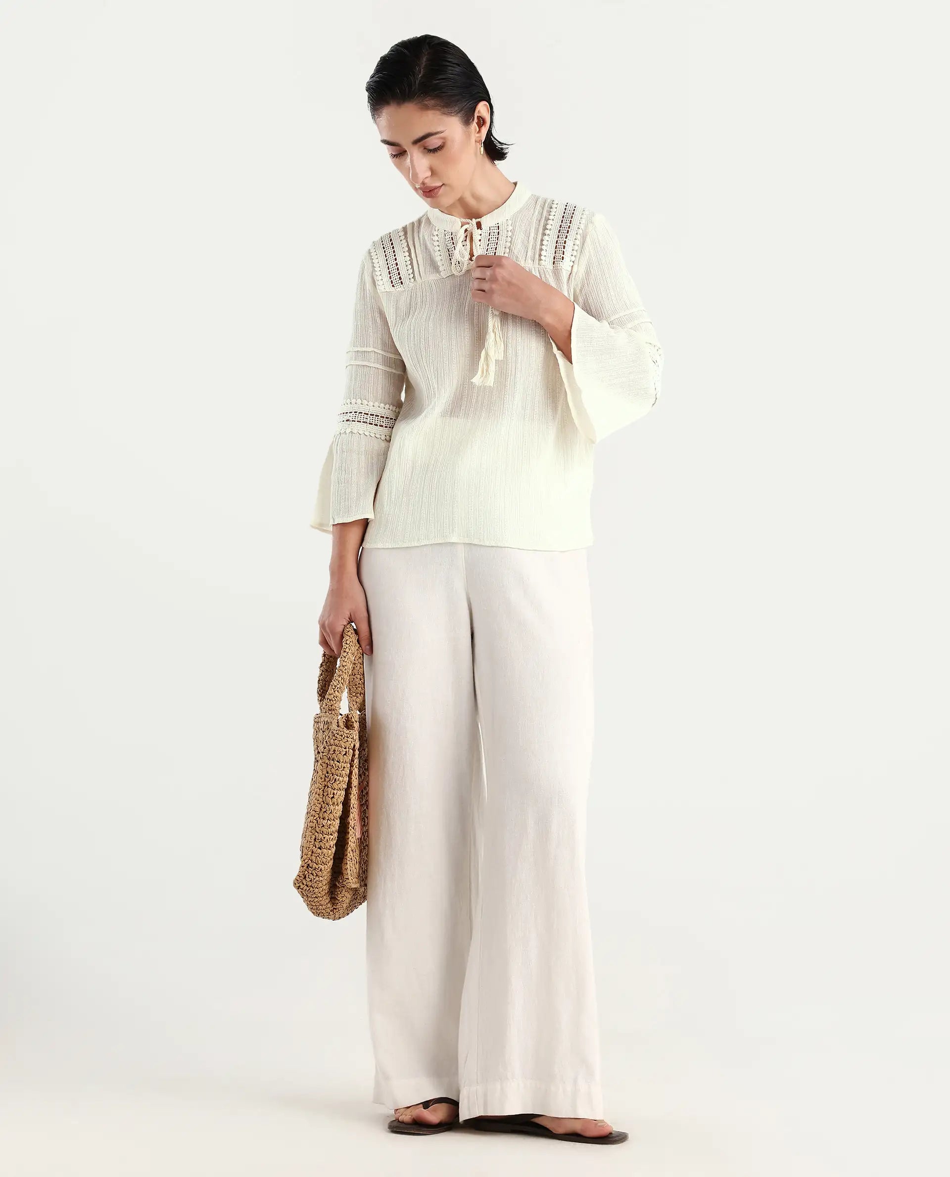 Rareism Women's Alonzo Light Beige Cotton Mandarin Collar Plain Regular Fit Top