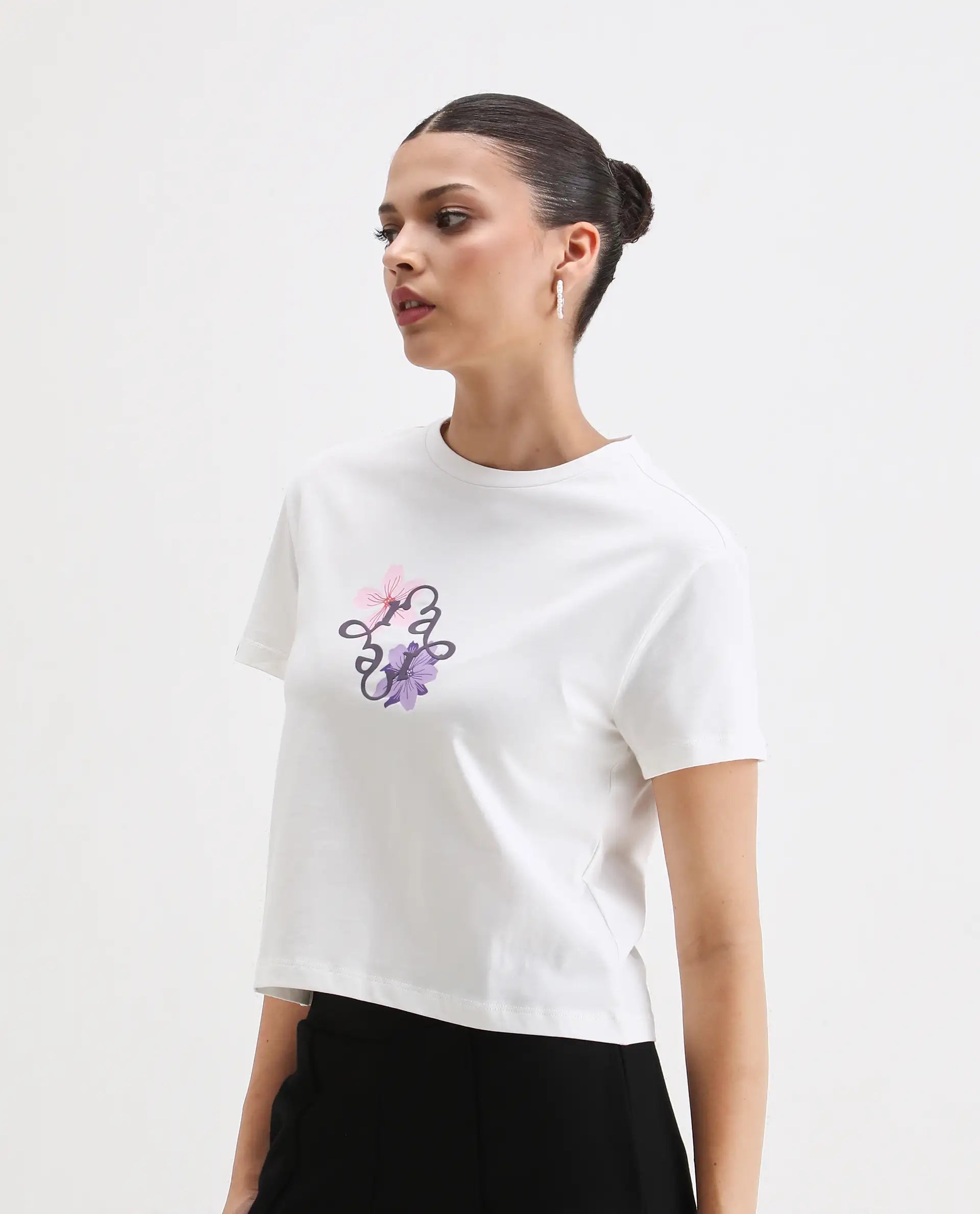 Rareism Women's Alore Off White Cotton Blend Crew Neck Graphic Print Crop Regular Fit T-Shirt