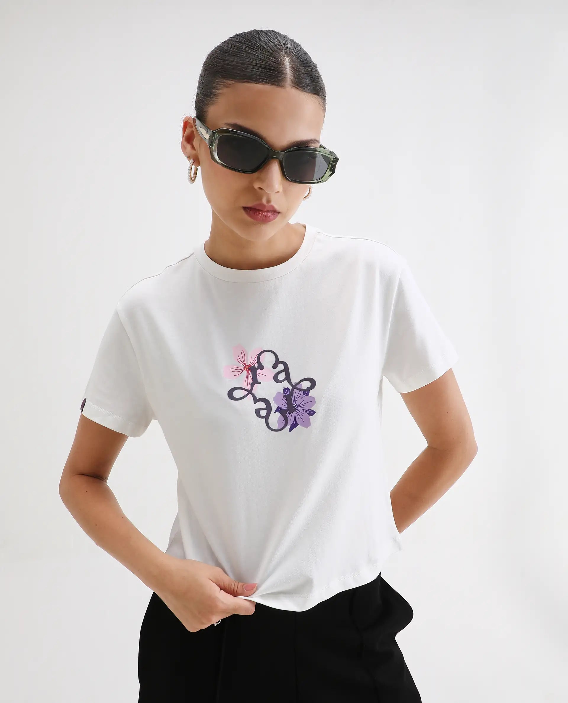 Rareism Women's Alore Off White Cotton Blend Crew Neck Graphic Print Crop Regular Fit T-Shirt