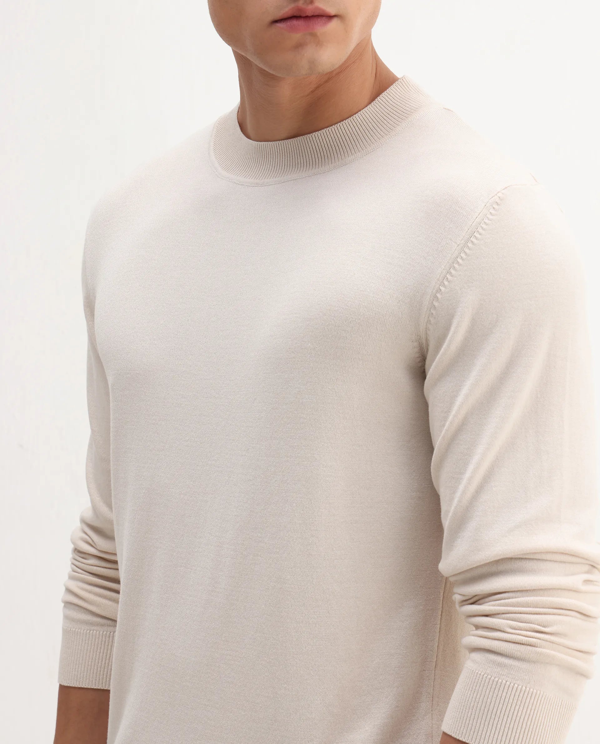 Rare Rabbit Men's Alva Off White Viscose Plain Regular Fit Full Sleeve High Neck Sweater