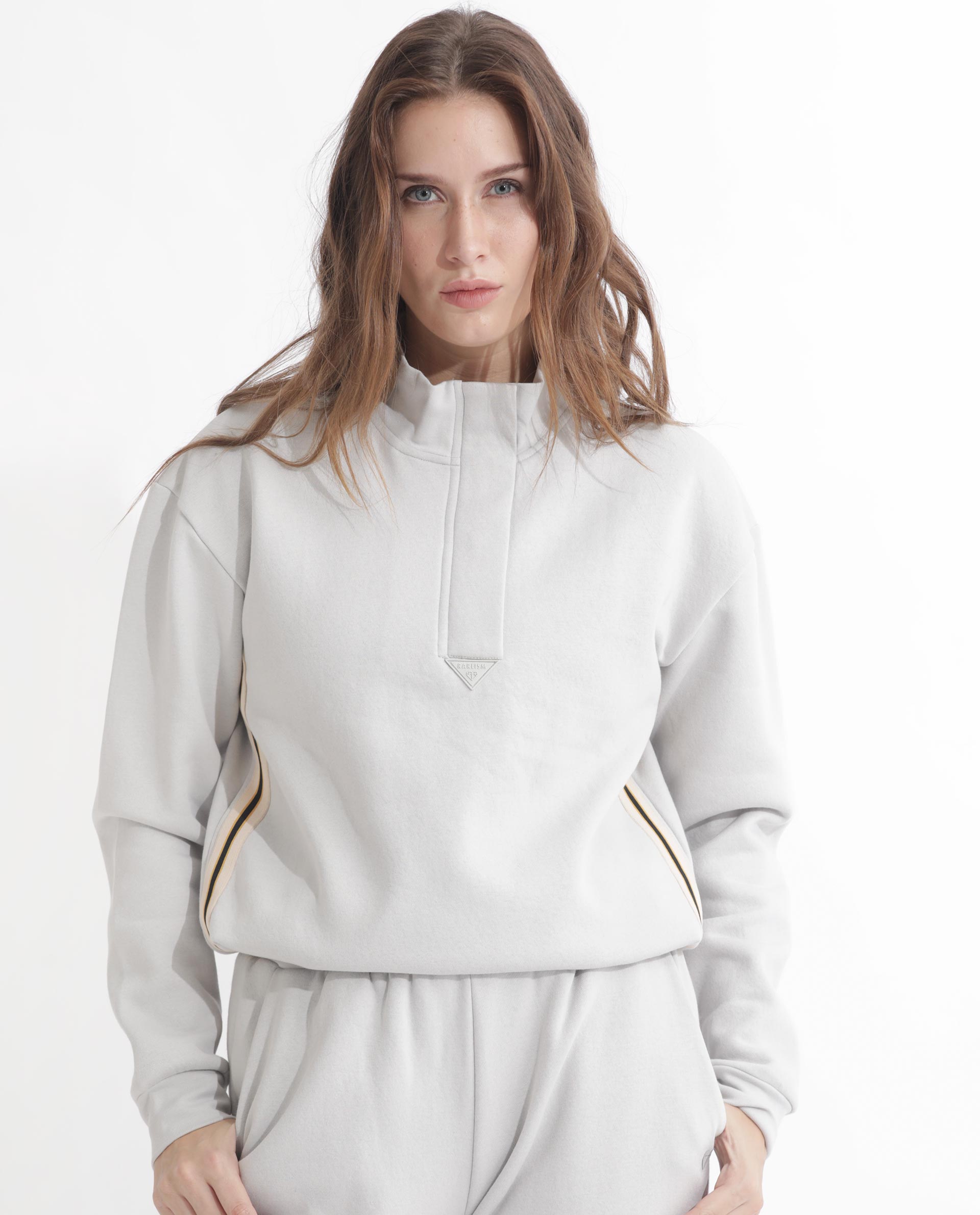 Rareism Articale Women Aldrichh Light Grey Poly Cotton Fabric Full Sleeves Zip Closure High Neck Regular Fit Plain Sweatshirt