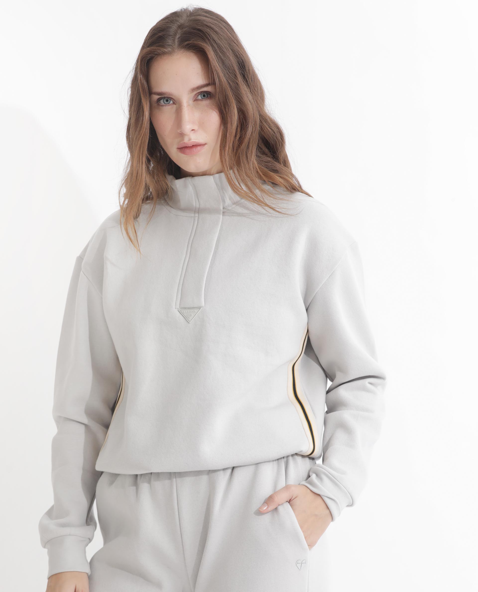 Rareism Articale Women Aldrichh Light Grey Poly Cotton Fabric Full Sleeves Zip Closure High Neck Regular Fit Plain Sweatshirt