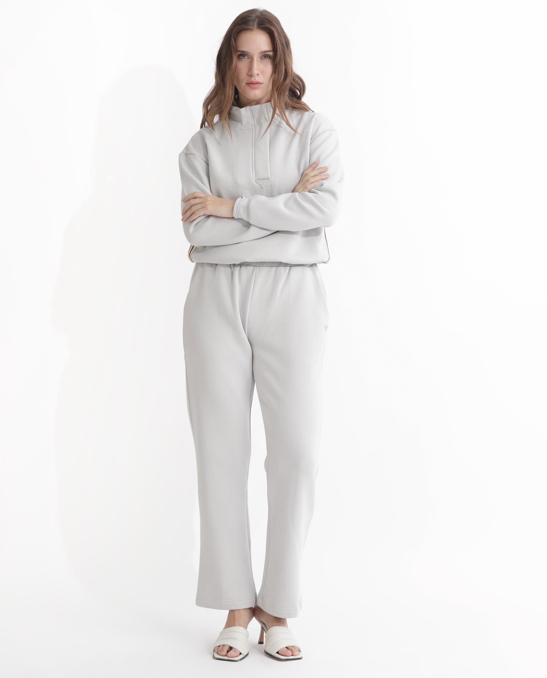 Rareism Articale Women Aldrichh Light Grey Poly Cotton Fabric Full Sleeves Zip Closure High Neck Regular Fit Plain Sweatshirt