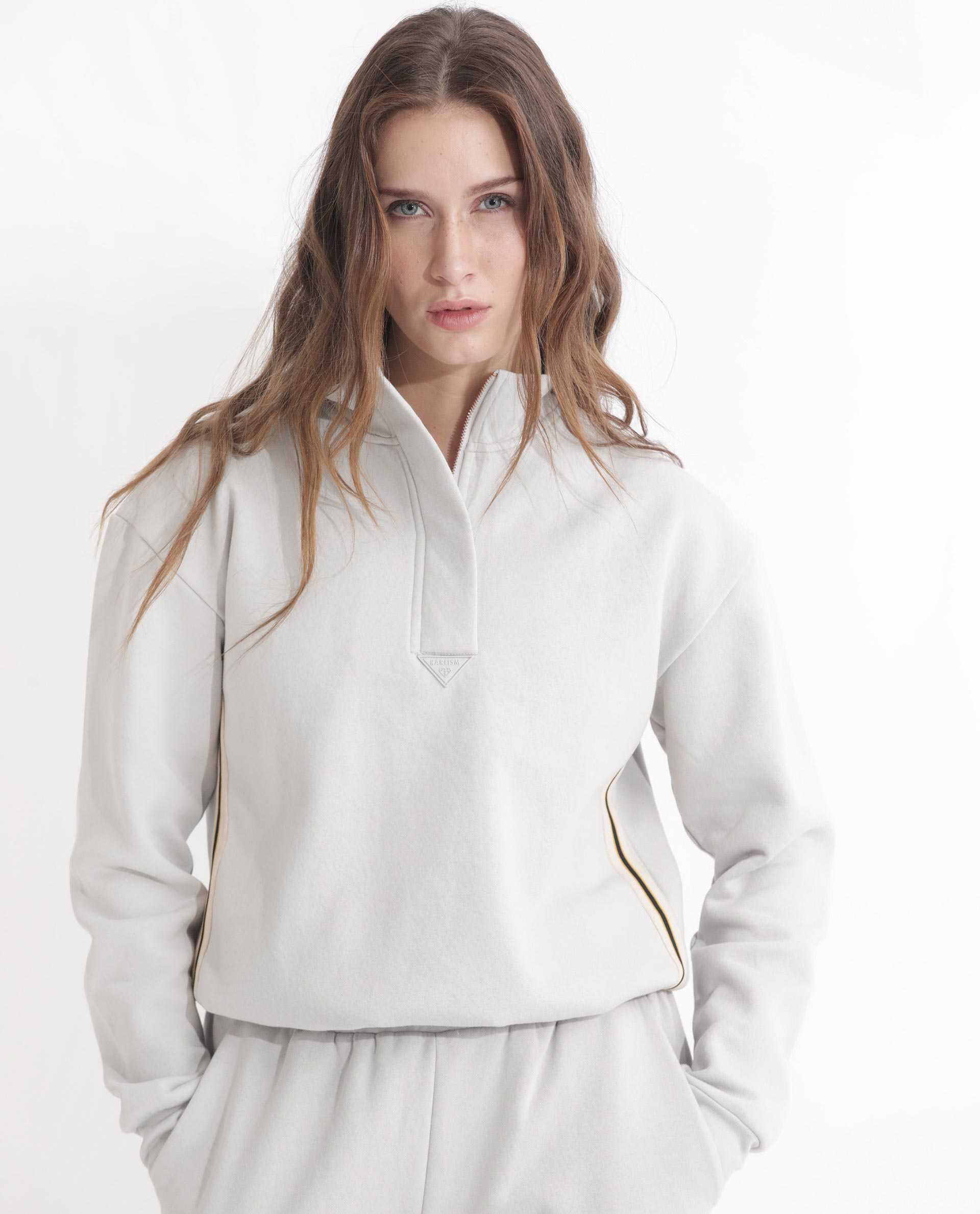 Rareism Articale Women Aldrichh Light Grey Poly Cotton Fabric Full Sleeves Zip Closure High Neck Regular Fit Plain Sweatshirt