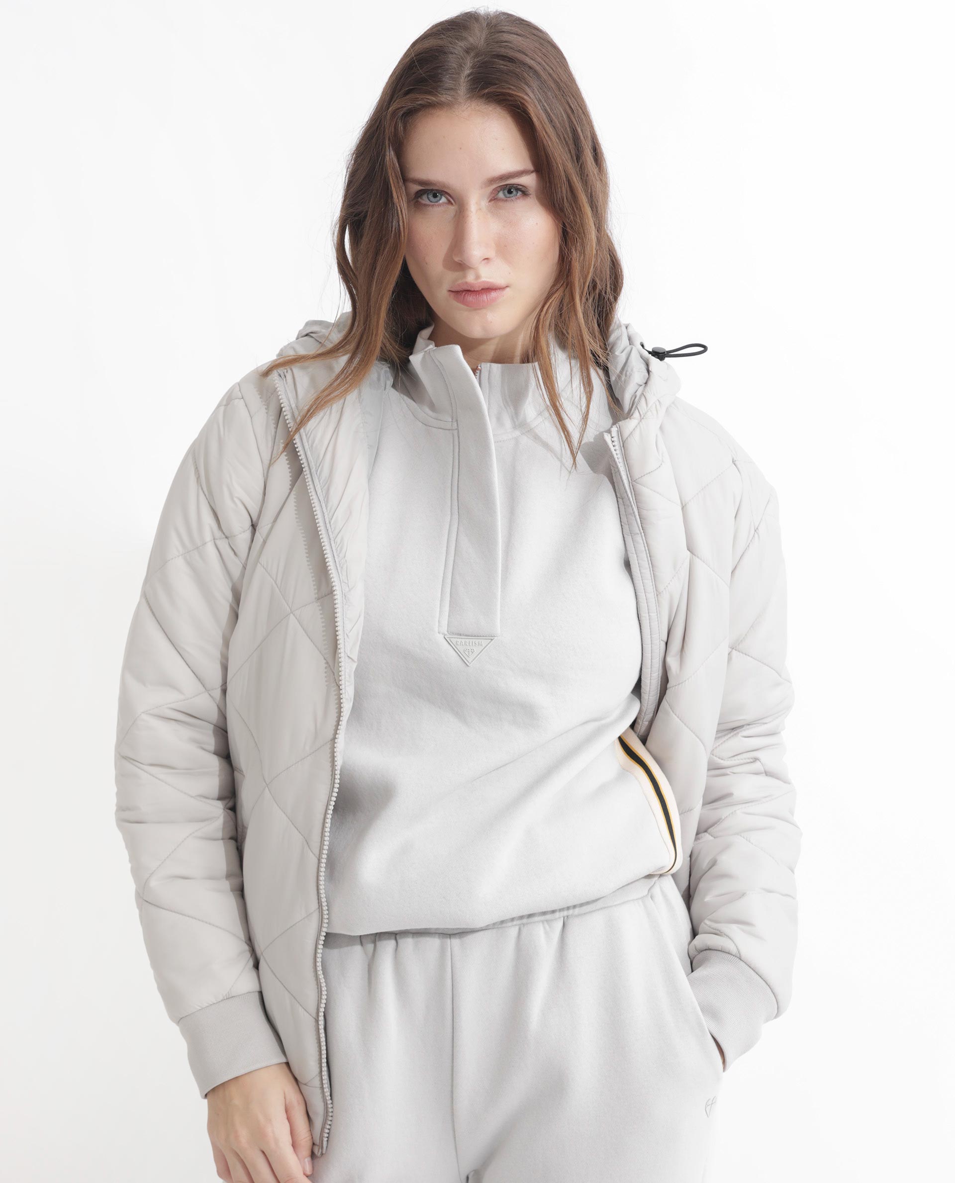 Rareism Articale Women Aldrichh Light Grey Poly Cotton Fabric Full Sleeves Zip Closure High Neck Regular Fit Plain Sweatshirt