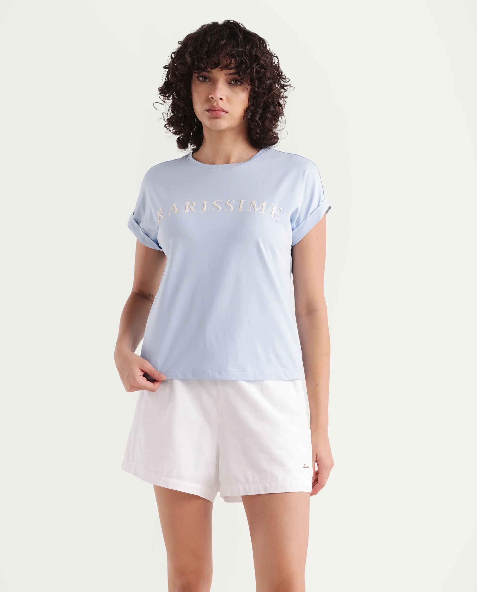 Rareism Women's Alte Light Blue Cotton Blend Crew Neck Graphic Print Extended Sleeves Regular Fit T-Shirt