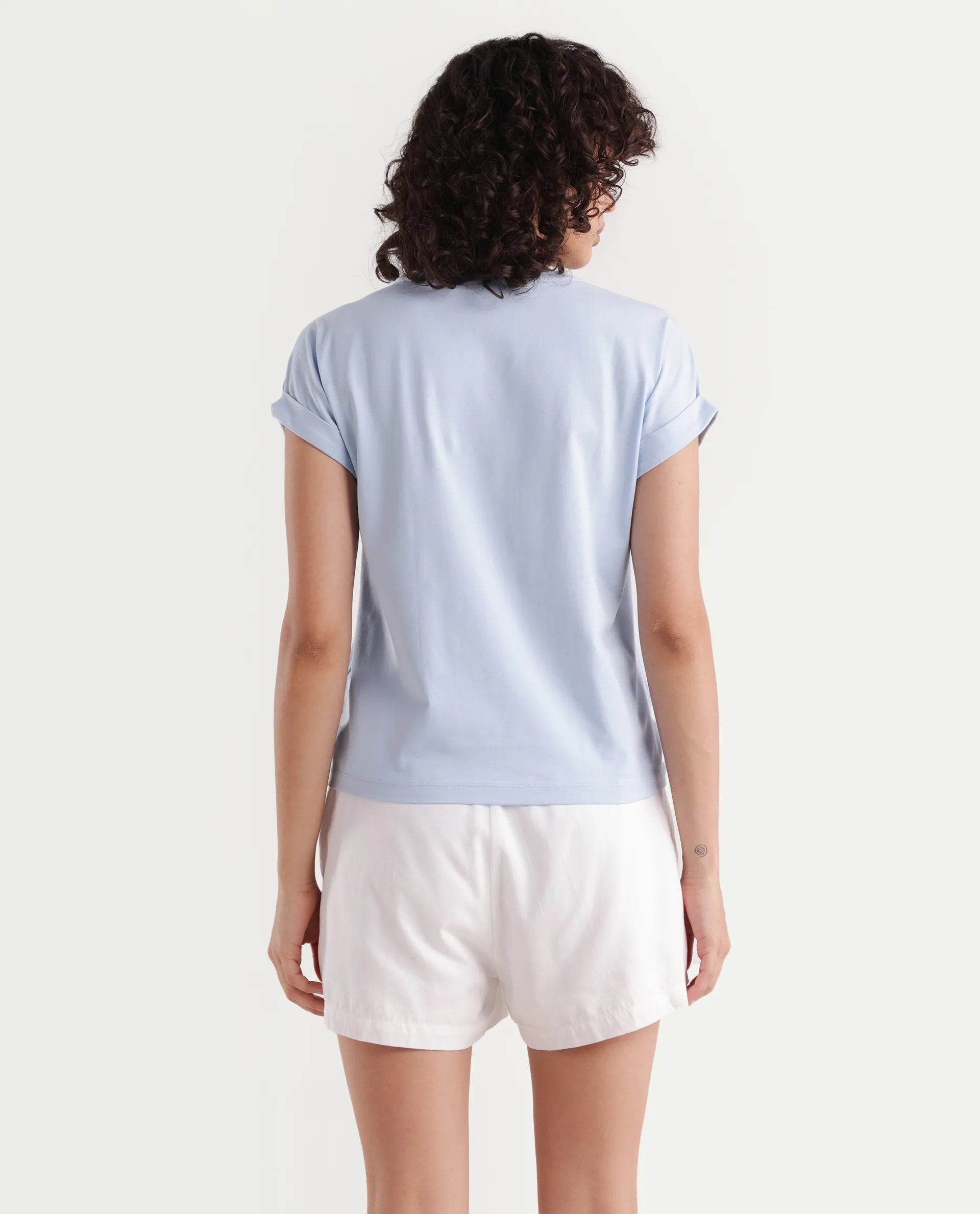 Rareism Women's Alte Light Blue Cotton Blend Crew Neck Graphic Print Extended Sleeves Regular Fit T-Shirt