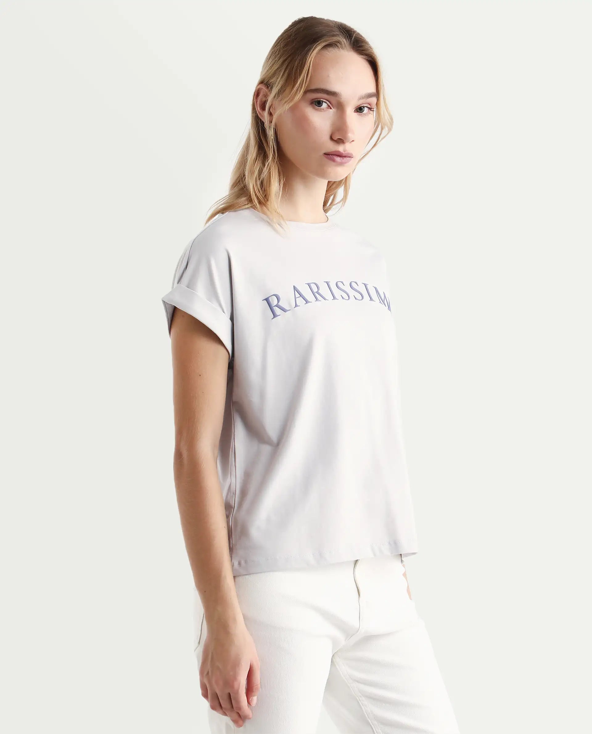 Rareism Women's Alte Light Grey Cotton Blend Crew Neck Graphic Print Extended Sleeves Regular Fit T-Shirt