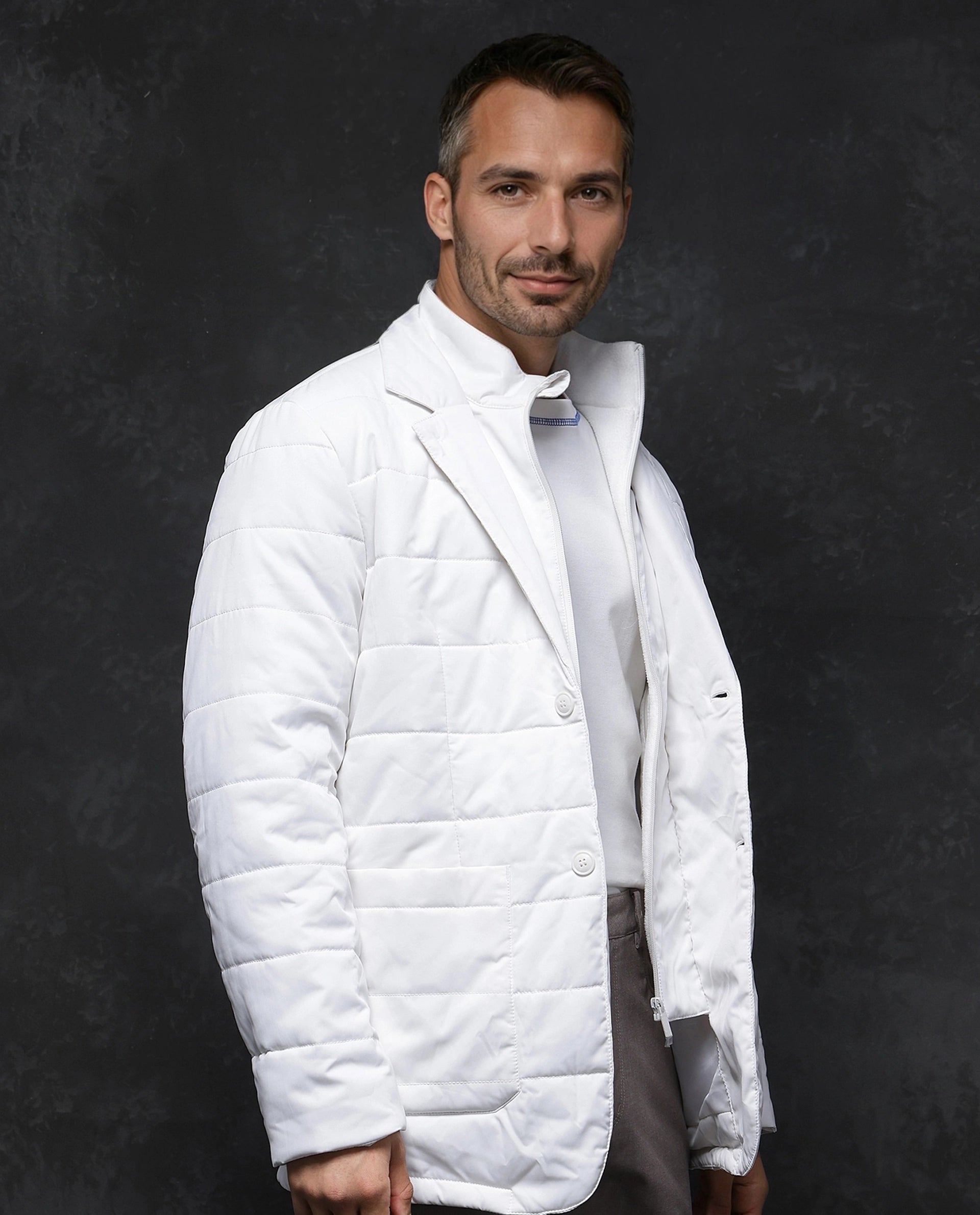 Rare Rabbit Men Alter Off White Polyester Fabric Full Sleeve Lapel Neck Button And Zip Closure Plain Jacket