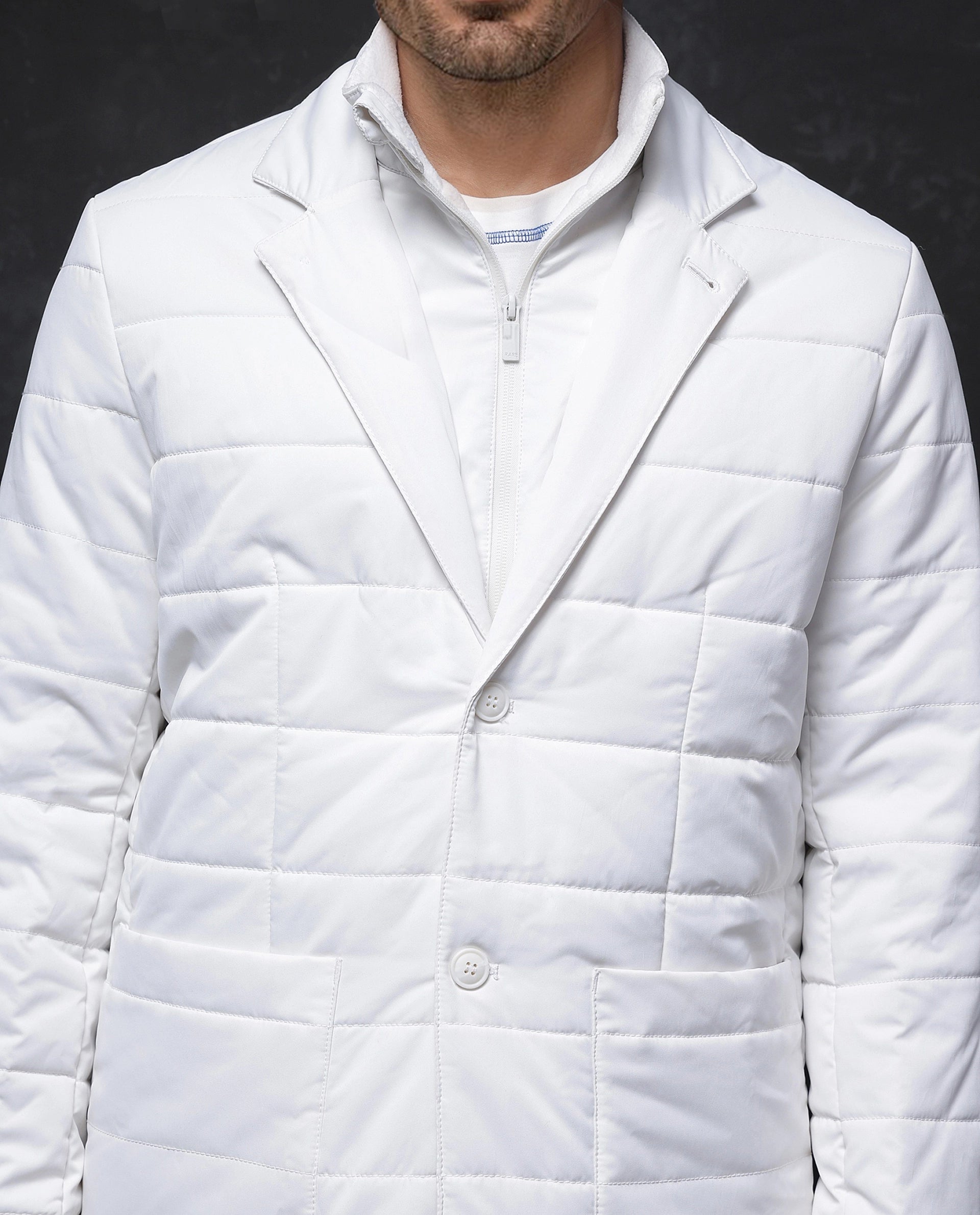Rare Rabbit Men Alter Off White Polyester Fabric Full Sleeve Lapel Neck Button And Zip Closure Plain Jacket
