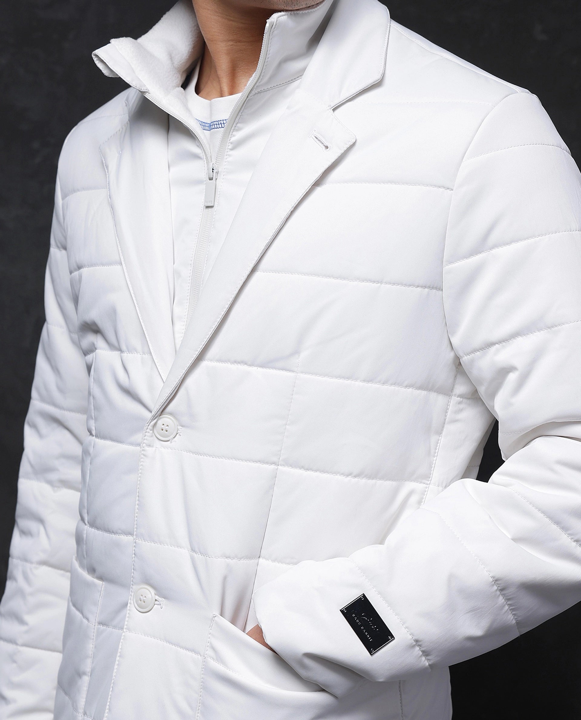 Rare Rabbit Men Alter Off White Polyester Fabric Full Sleeve Lapel Neck Button And Zip Closure Plain Jacket