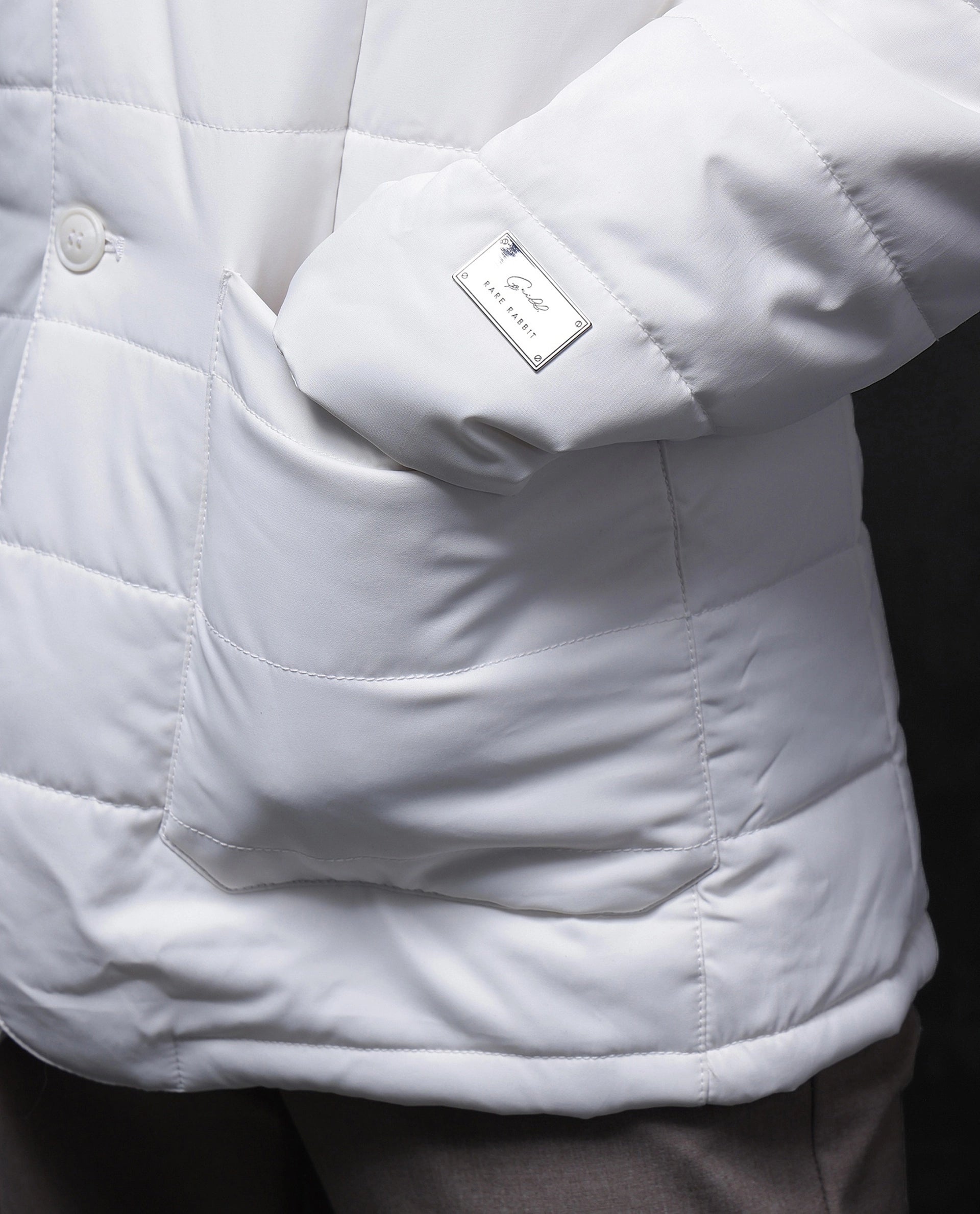 Rare Rabbit Men Alter Off White Polyester Fabric Full Sleeve Lapel Neck Button And Zip Closure Plain Jacket