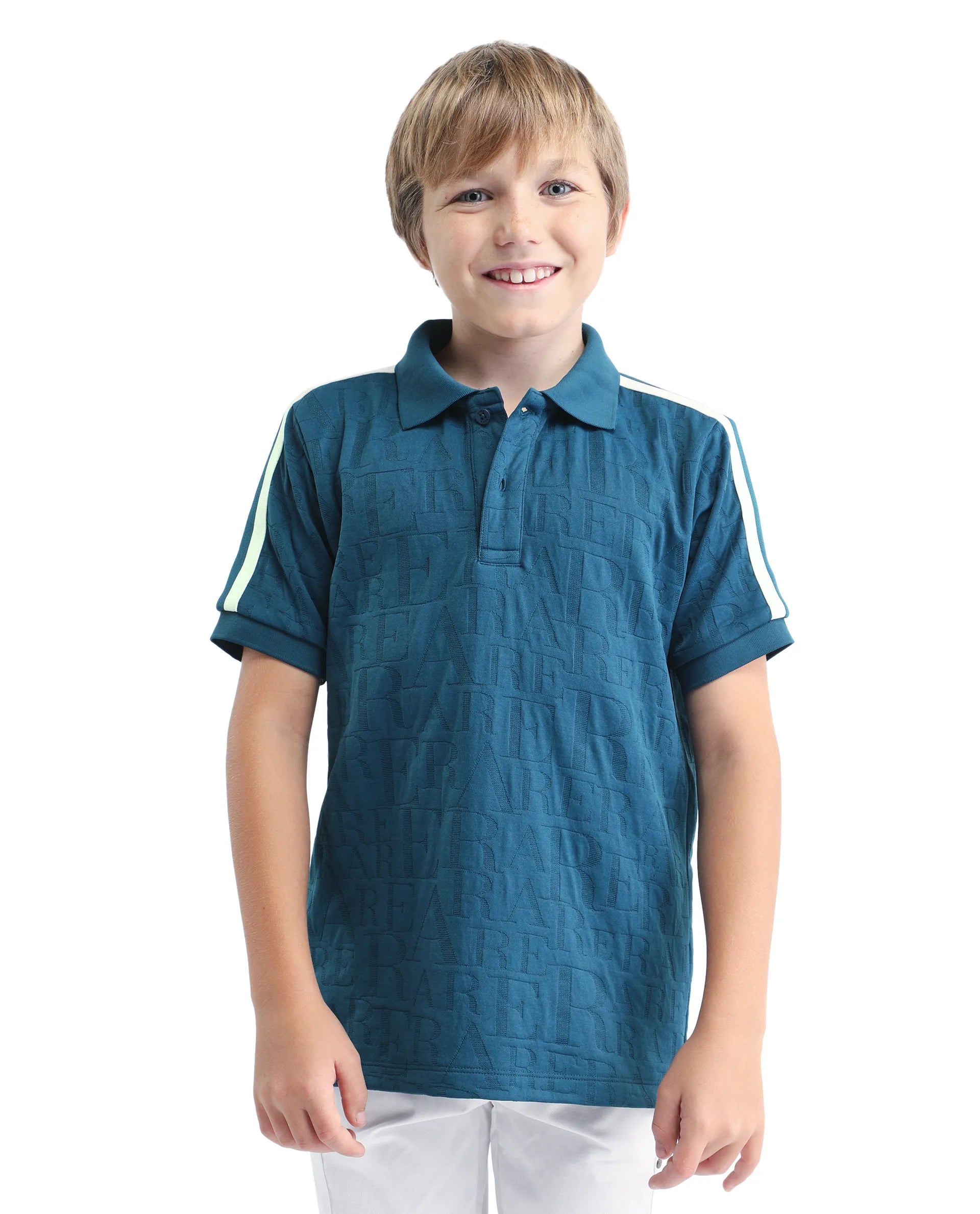 Rare Ones Kids Alti Teal Polyester Blend Button Closure Spread Collar All Over Print Regular Fit Polo