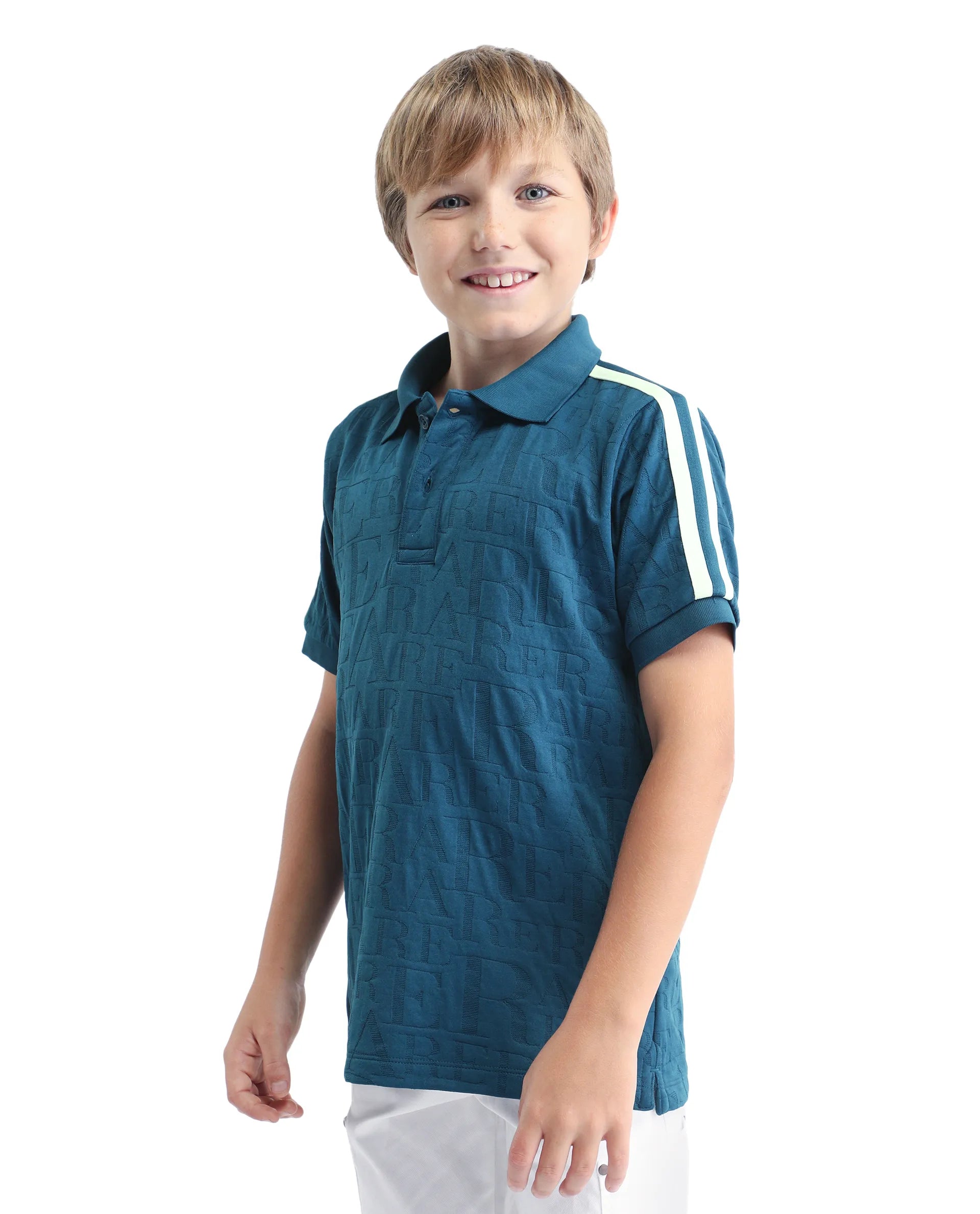 Rare Ones Kids Alti Teal Polyester Blend Button Closure Spread Collar All Over Print Regular Fit Polo