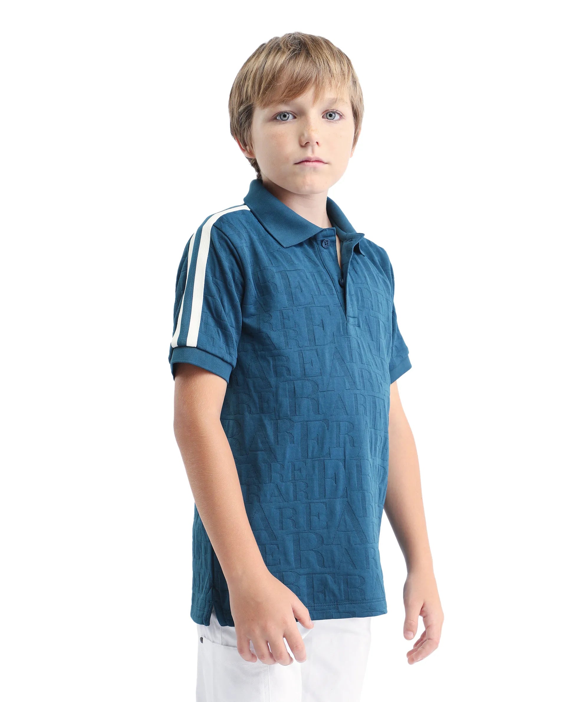 Rare Ones Kids Alti Teal Polyester Blend Button Closure Spread Collar All Over Print Regular Fit Polo