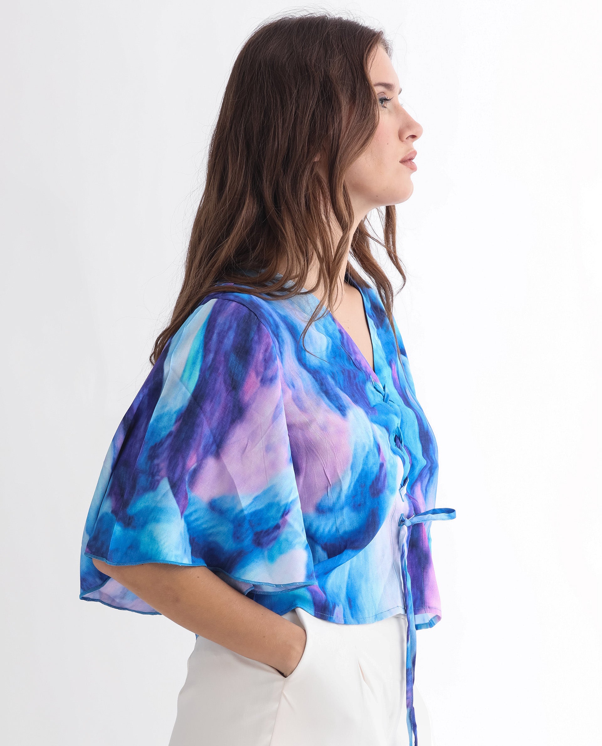 Rareism Women Eltop Blue Polyester Fabric Short Sleeves Drawstring Closure V-Neck Flared Sleeve Relaxed Fit Abstract Print Cropped Top