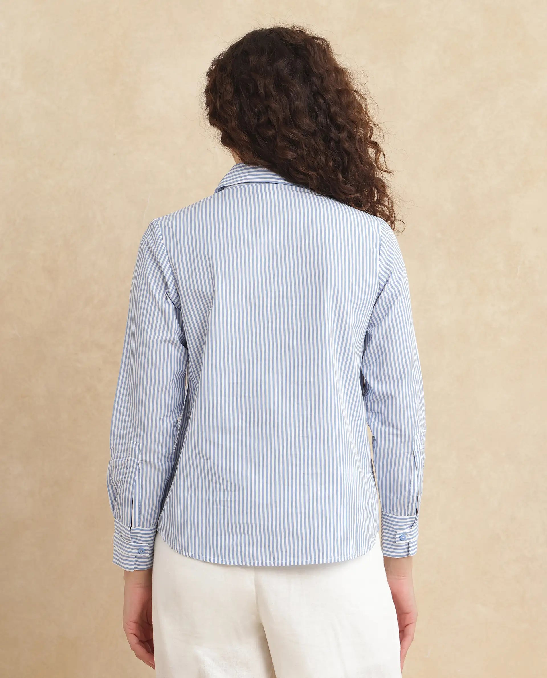 Rareism Women Alug Blue Cuffed Sleeves Collared Neck Button Closure Narrow Stripes Shirt