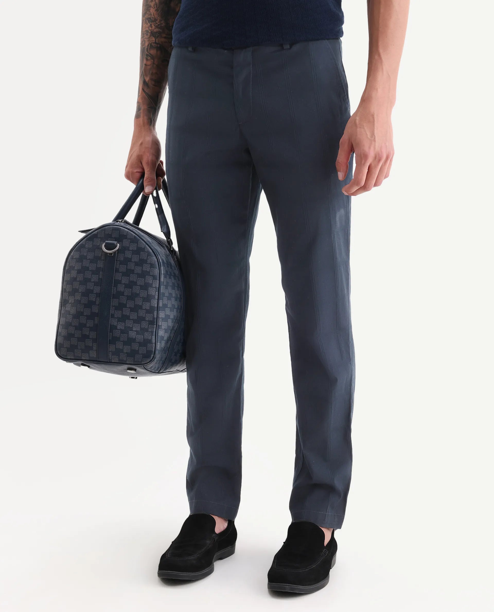 Rare Rabbit Men's Alva Navy Cotton Checked Print Regular Fit Trouser