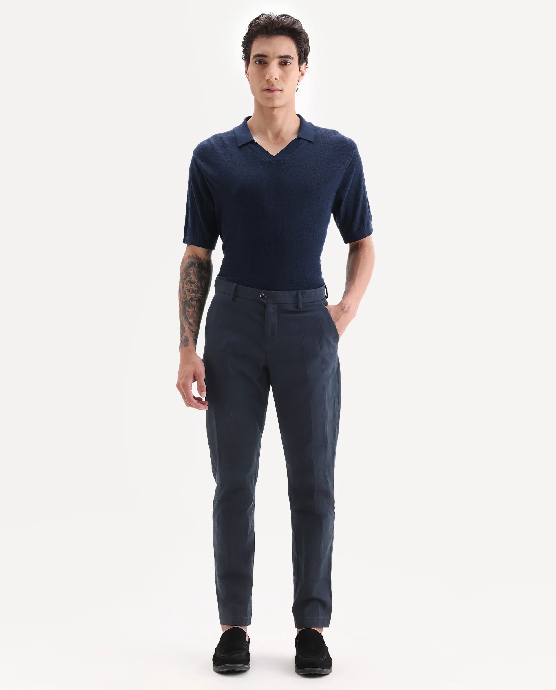 Rare Rabbit Men's Alva Navy Cotton Checked Print Regular Fit Trouser