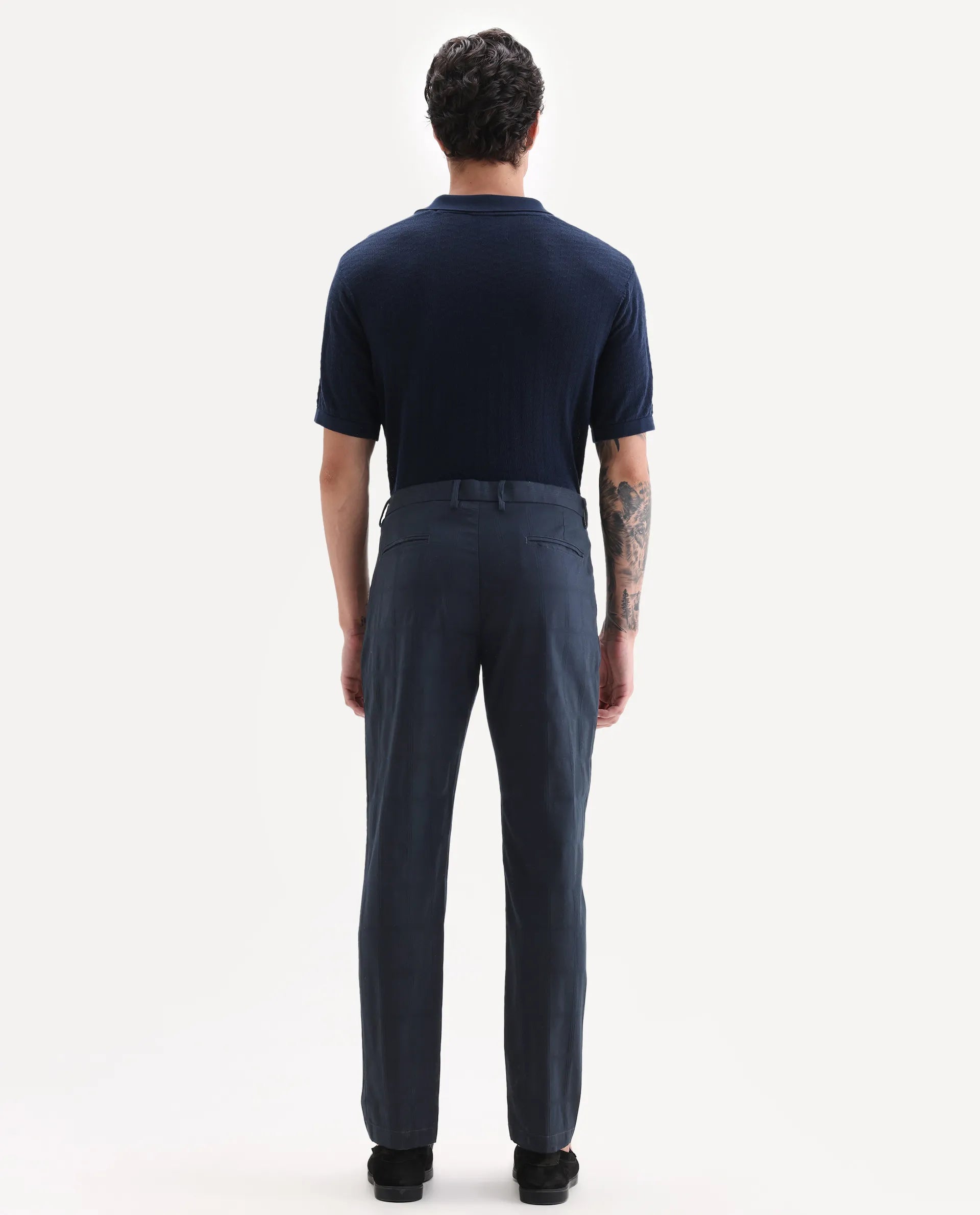 Rare Rabbit Men's Alva Navy Cotton Checked Print Regular Fit Trouser
