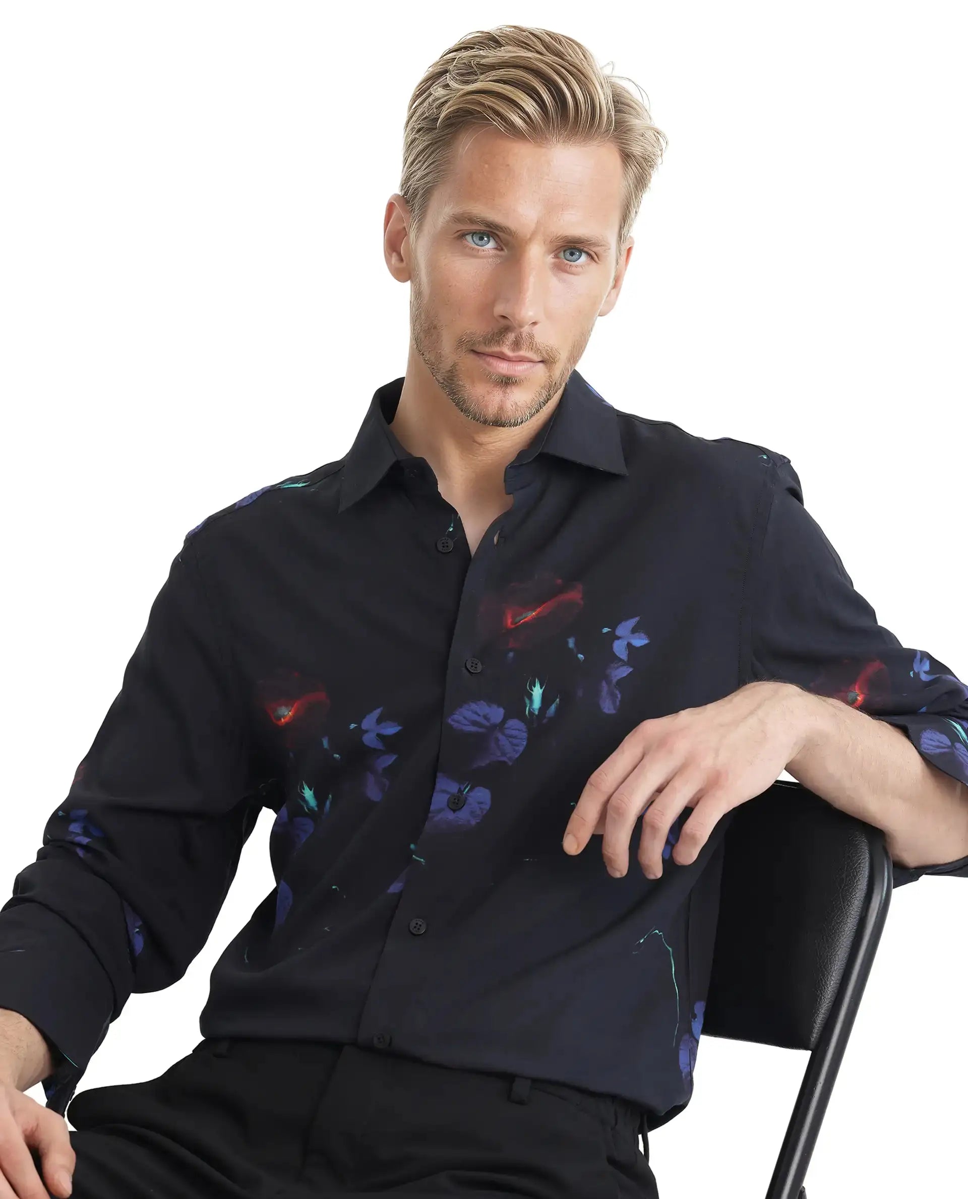 Rare Rabbit Men's Alvata Black Viscose Floral Print Regular Fit Full Sleeve Collared Shirt