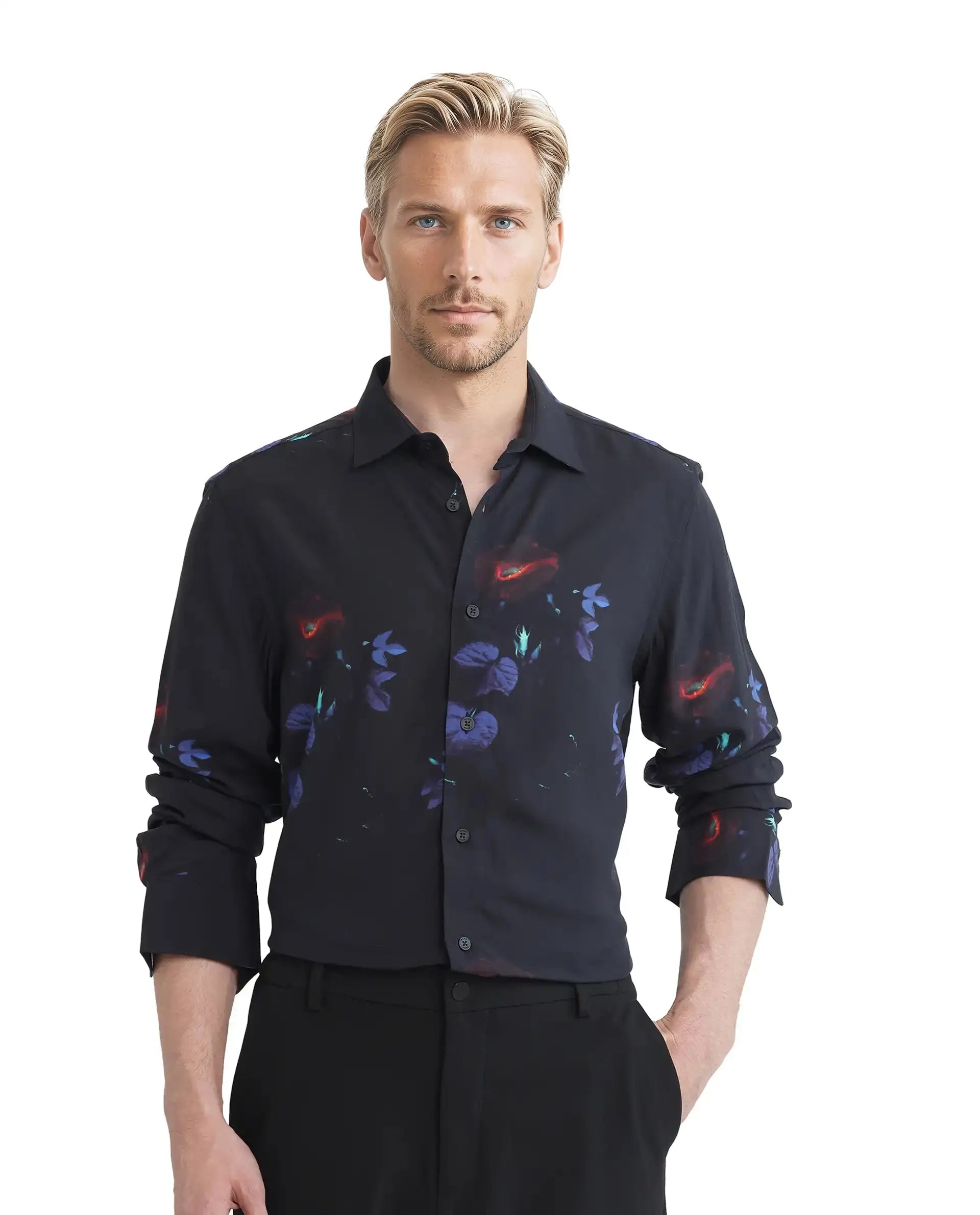 Rare Rabbit Men's Alvata Black Viscose Floral Print Regular Fit Full Sleeve Collared Shirt