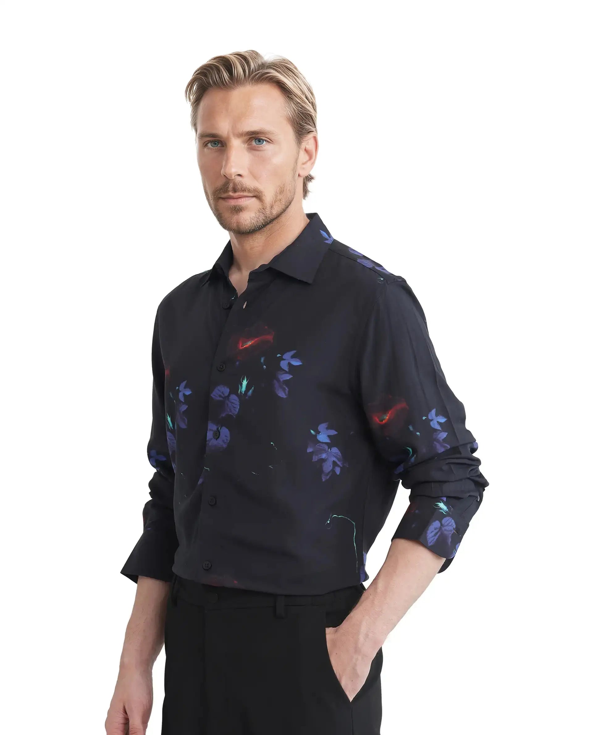 Rare Rabbit Men's Alvata Black Viscose Floral Print Regular Fit Full Sleeve Collared Shirt