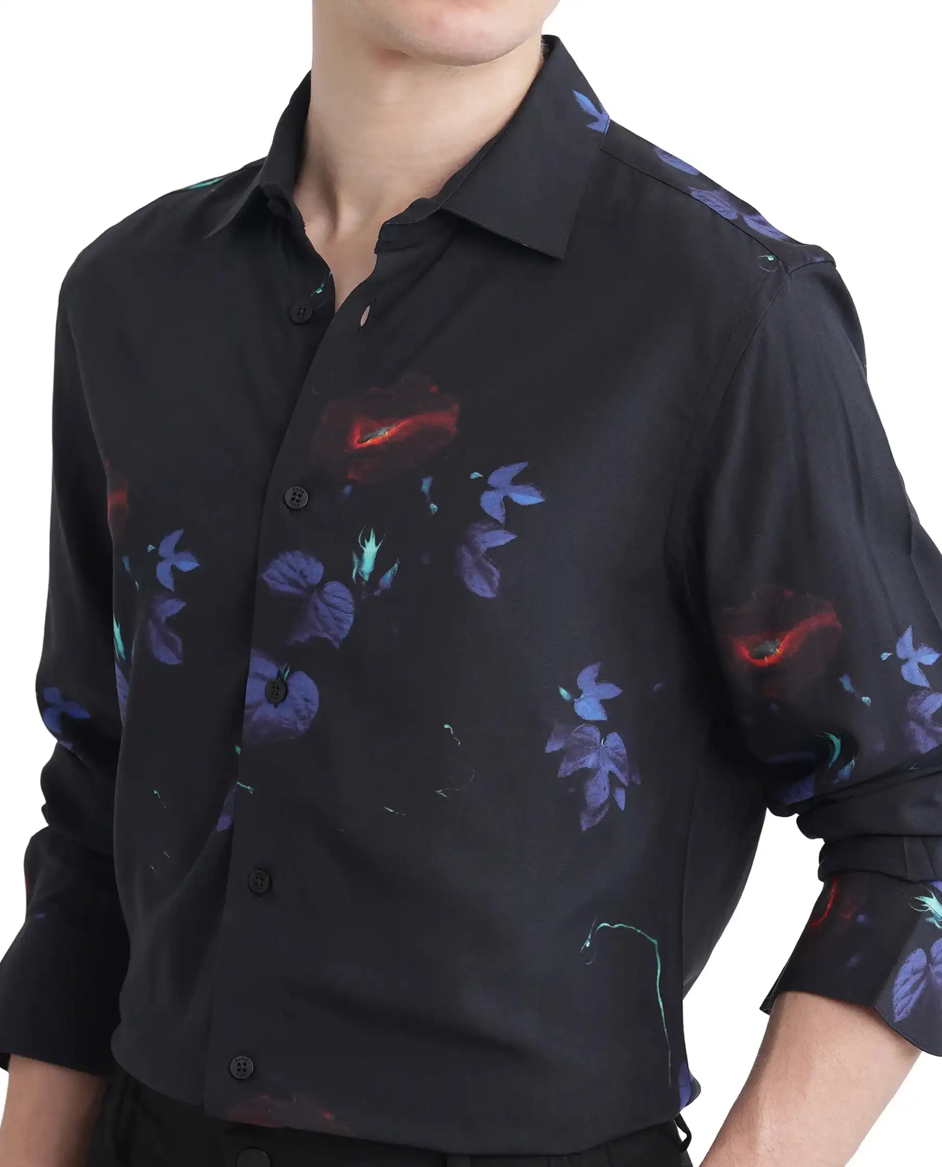 Rare Rabbit Men's Alvata Black Viscose Floral Print Regular Fit Full Sleeve Collared Shirt