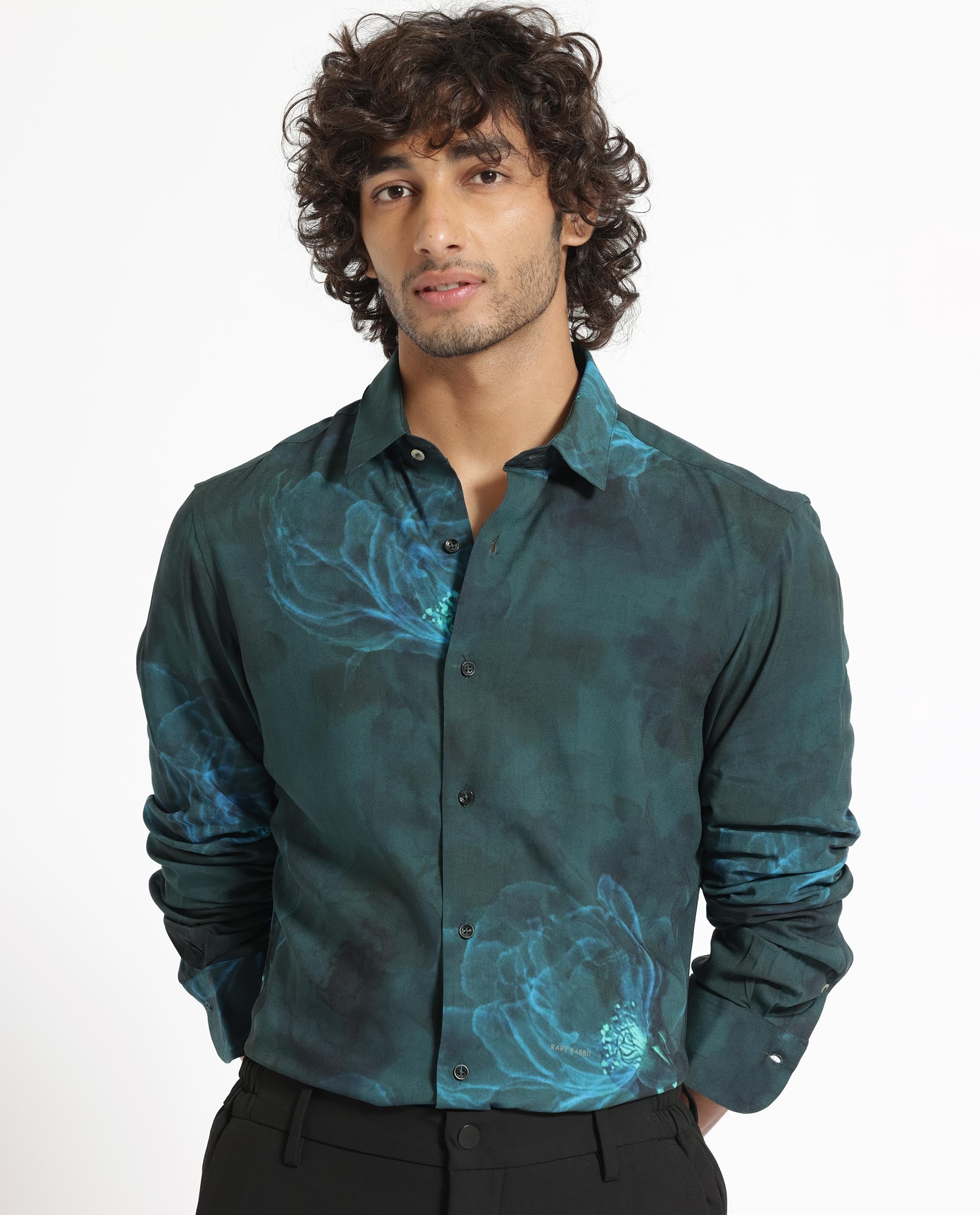 Rare Rabbit Mens Alwick Dark Green Viscose Fabric Full Sleeves Regular Fit Floral Print Shirt