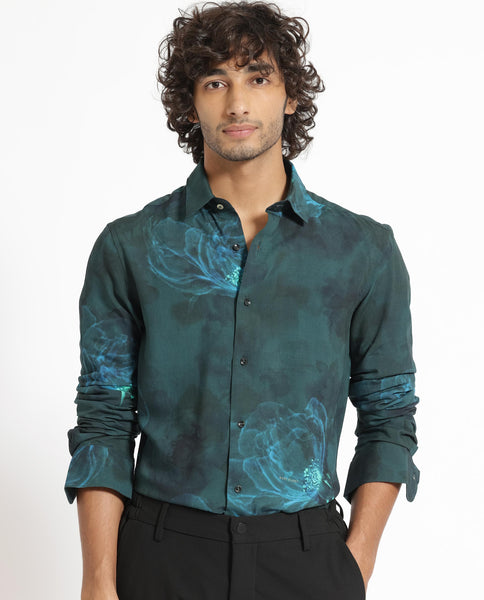 Rare Rabbit Men's Alwick Dark Green Viscose Floral Print Regular Fit F