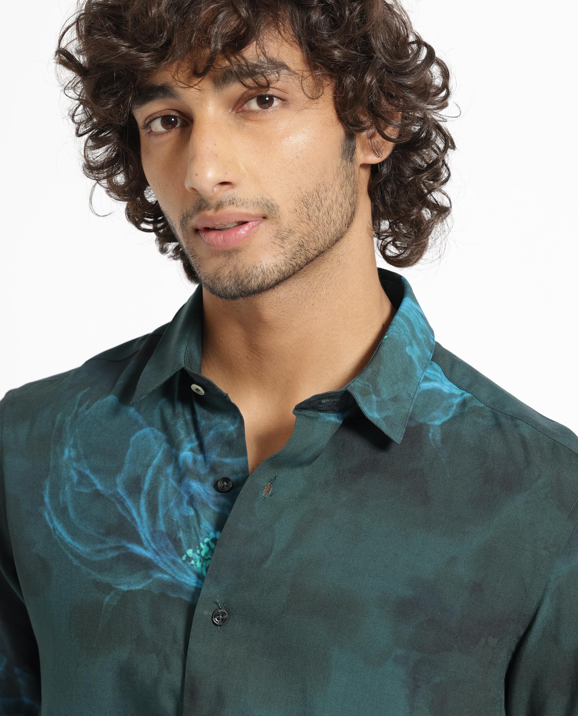 Rare Rabbit Mens Alwick Dark Green Viscose Fabric Full Sleeves Regular Fit Floral Print Shirt