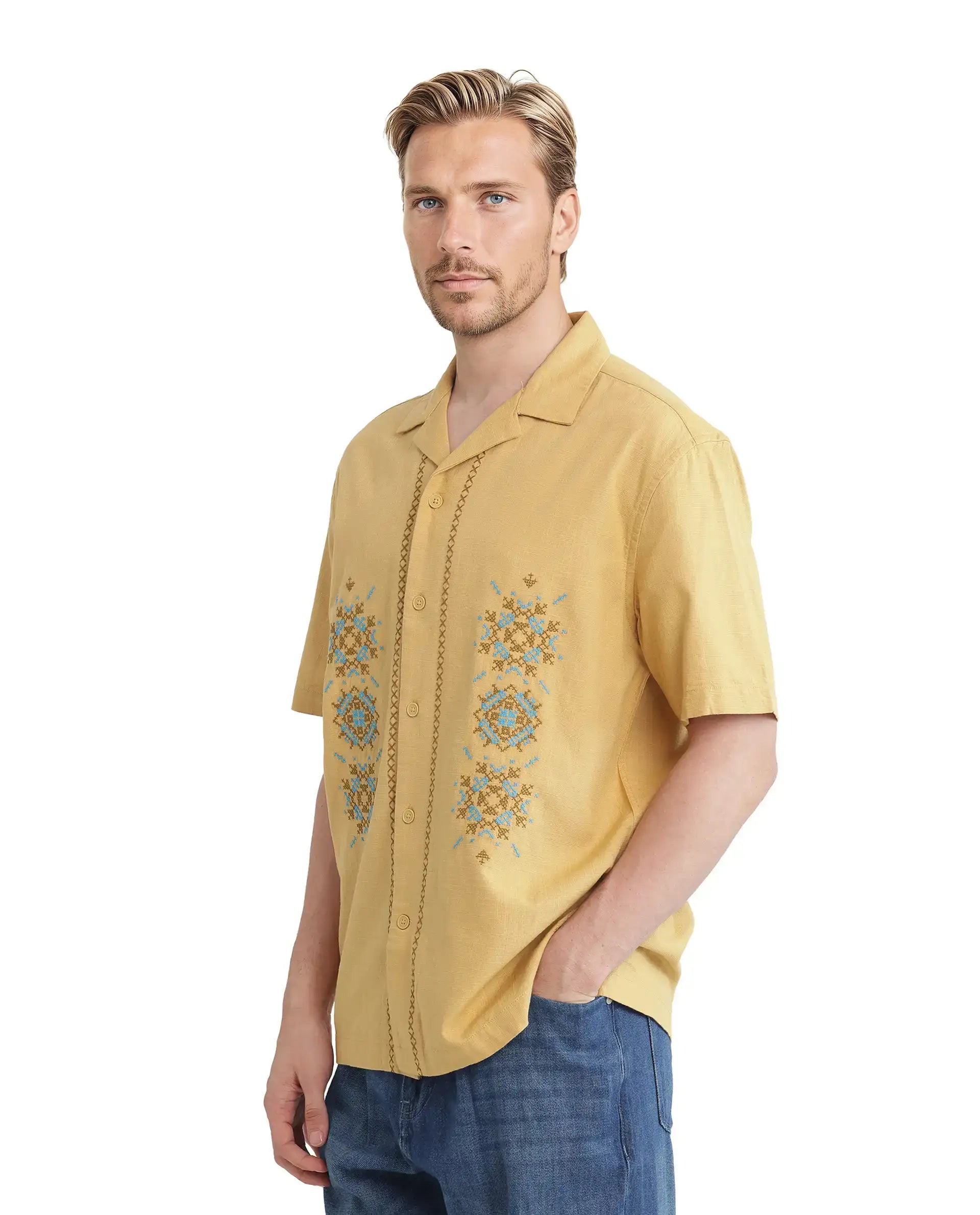 Rare Rabbit Men's Alxum Mustard Cotton Embroidered Boxy Fit Half Sleeve Cuban Collar Shirt