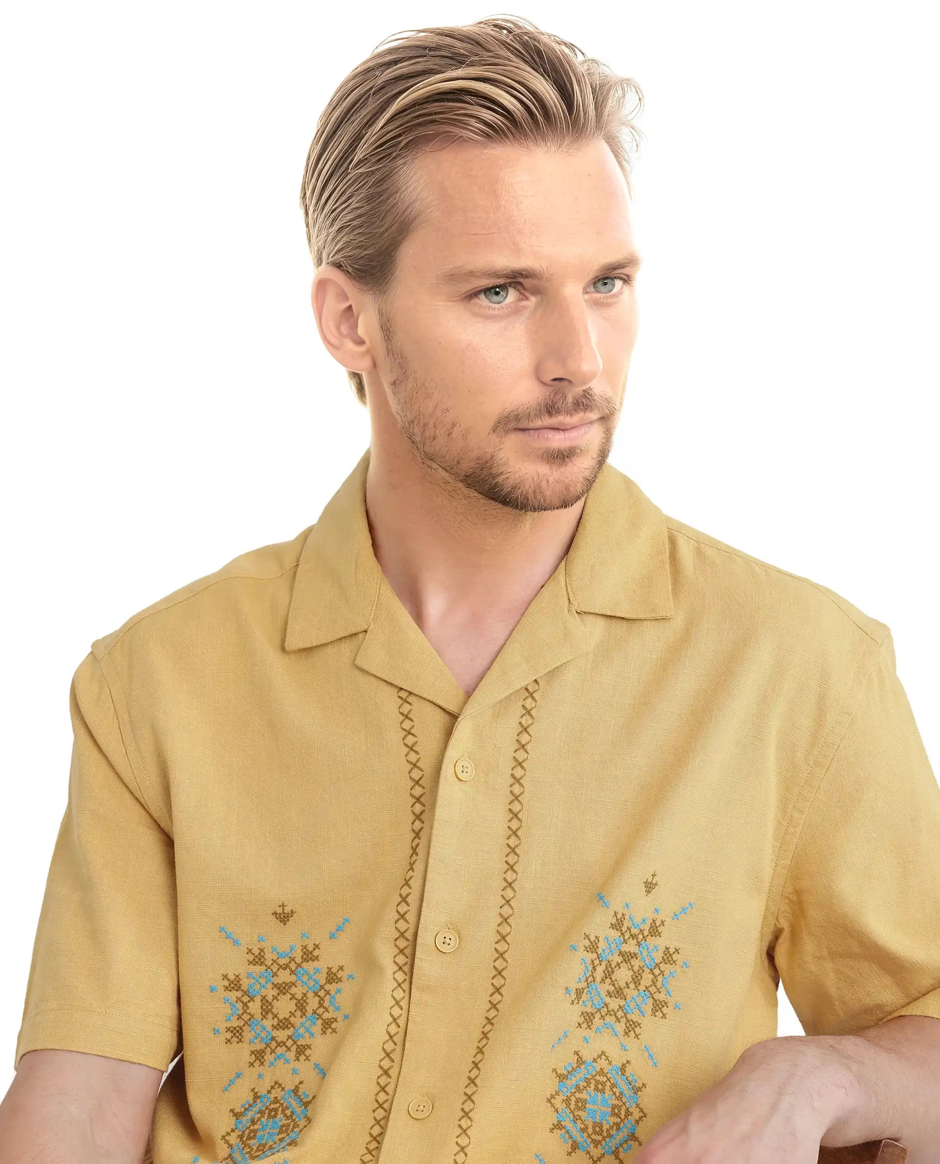 Rare Rabbit Men's Alxum Mustard Cotton Embroidered Boxy Fit Half Sleeve Cuban Collar Shirt