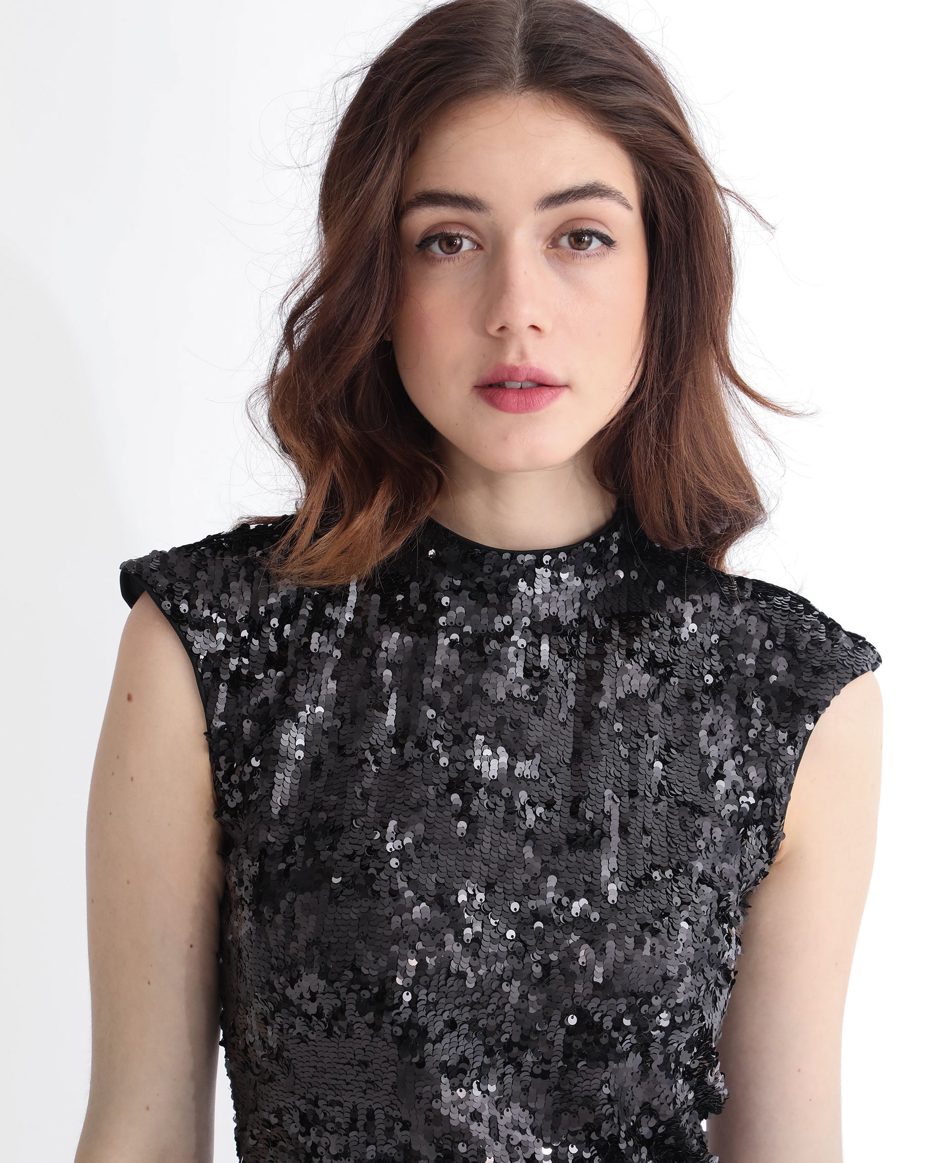 Rareism Women's Alzo Sheen Black Polyester Fabric High Neck Zipper Closure Sleeveless Sequined  Knee Length Dress