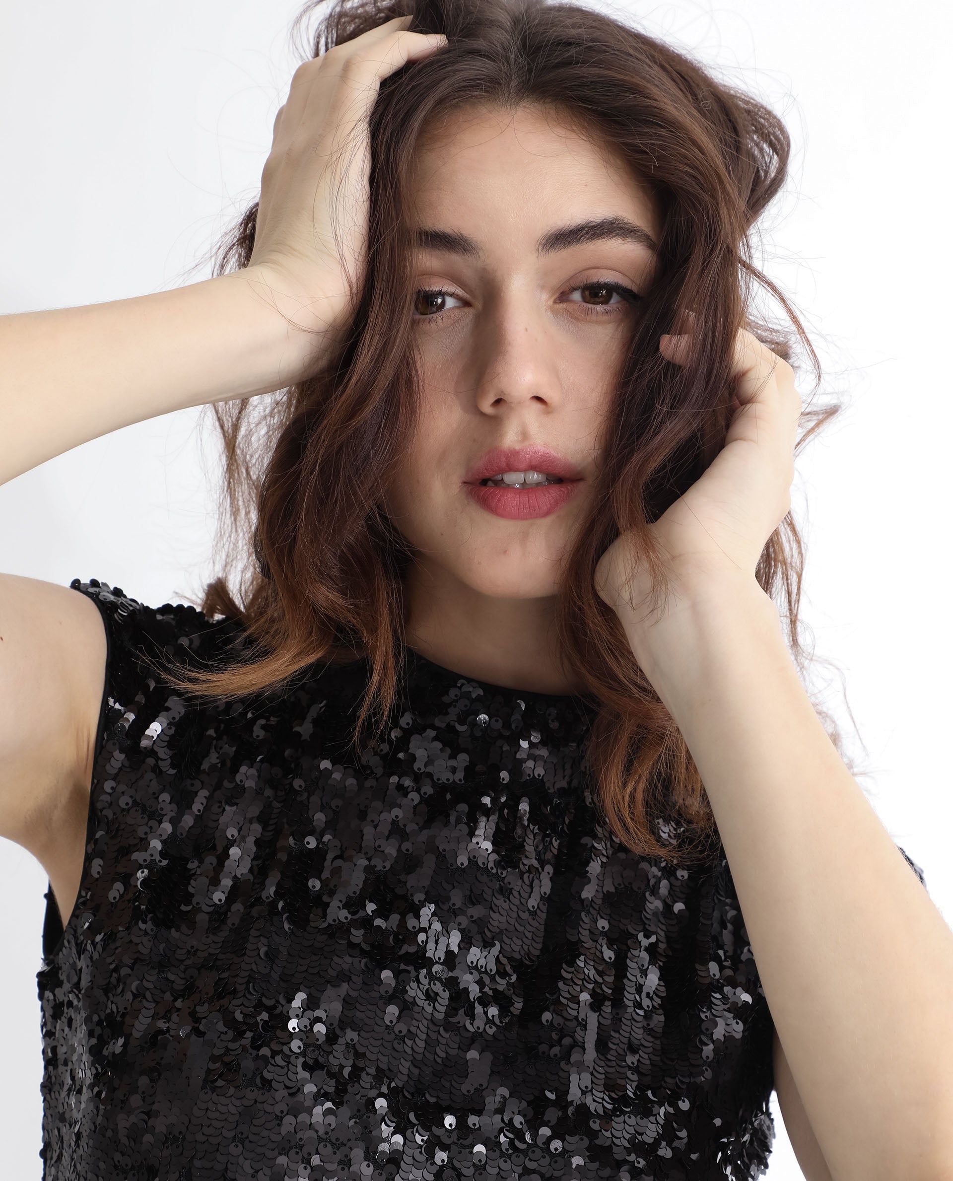 Rareism Women's Alzo Sheen Black Polyester Fabric High Neck Zipper Closure Sleeveless Sequined  Knee Length Dress