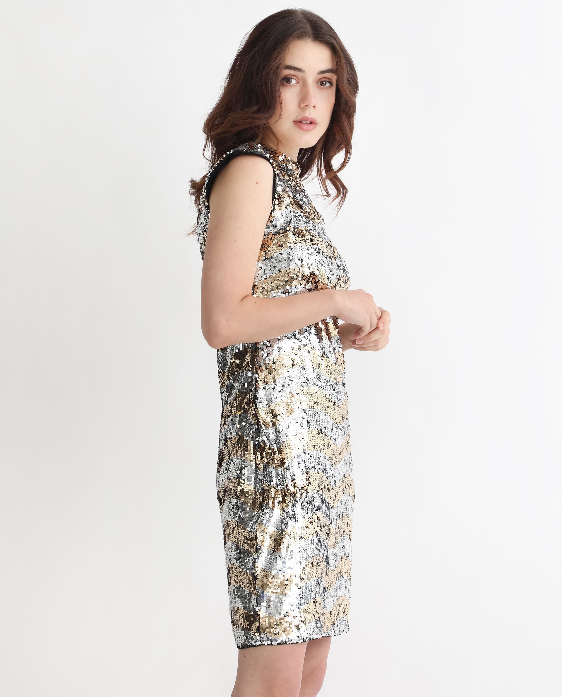 Rareism Women's Alzo Sheen Silver Polyester Fabric High Neck Zipper Closure Sleeveless Sequined  Knee Length Dress